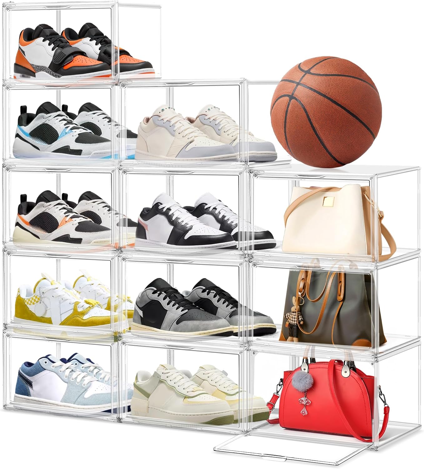 12 Pack Acrylic Shoe Large Storage Box with Magnetic Door Size 13 Clear Stackable Shoe Organizer for Closet Space Saving Shoe Cabinet Sneaker Display Case