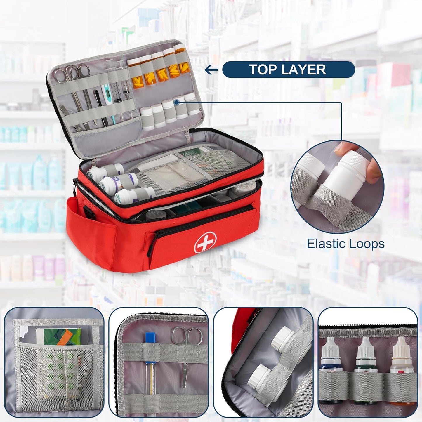 Medicine Organizer and Storage Bag Empty, Family First Aid Box, Pill Bottle Organizer Bag for Emergency Medication, Supplements or Medical Kits, Zippered Medicine Bag for Home and Travel (Red)