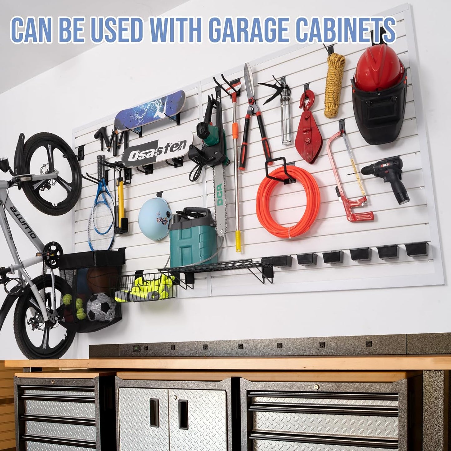 Slatwall Panels Garage Slat Wall Storage Systems 4'x 8', Slat Wall Paneling Garage Wall Organizer, White Slat Board PVC Wall Panels Slatwall Displays Garage Tool Organizer Wall Mount Ladder Bike Rack