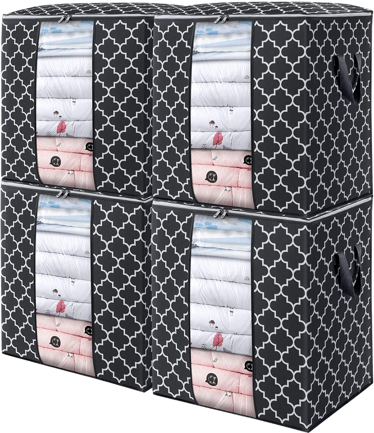 WISELIFE Storage Bags 4 Pack/100L Large Blanket Clothes Organization and Storage Containers for Comforters,Bedding, Foldable Organizer with Reinforced Handle, Clear Window, Sturdy Zippers,Black