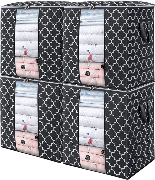 WISELIFE Storage Bags 4 Pack/100L Large Blanket Clothes Organization and Storage Containers for Comforters,Bedding, Foldable Organizer with Reinforced Handle, Clear Window, Sturdy Zippers,Black