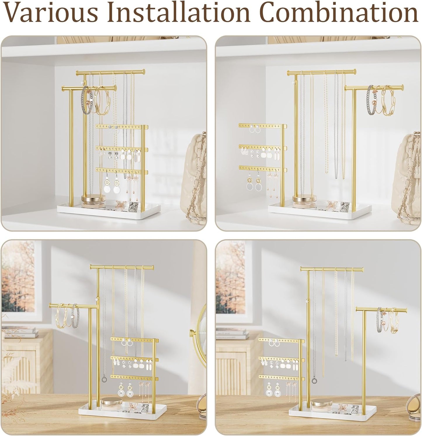Jewelry Holder Organizer Stand - Adjustable Tall 17.5" (Max), Sturdy Jewelry Hanger for Necklaces, Earrings, Bracelets, Rings, Jewlery Display and Storage, Gold and White, Metal