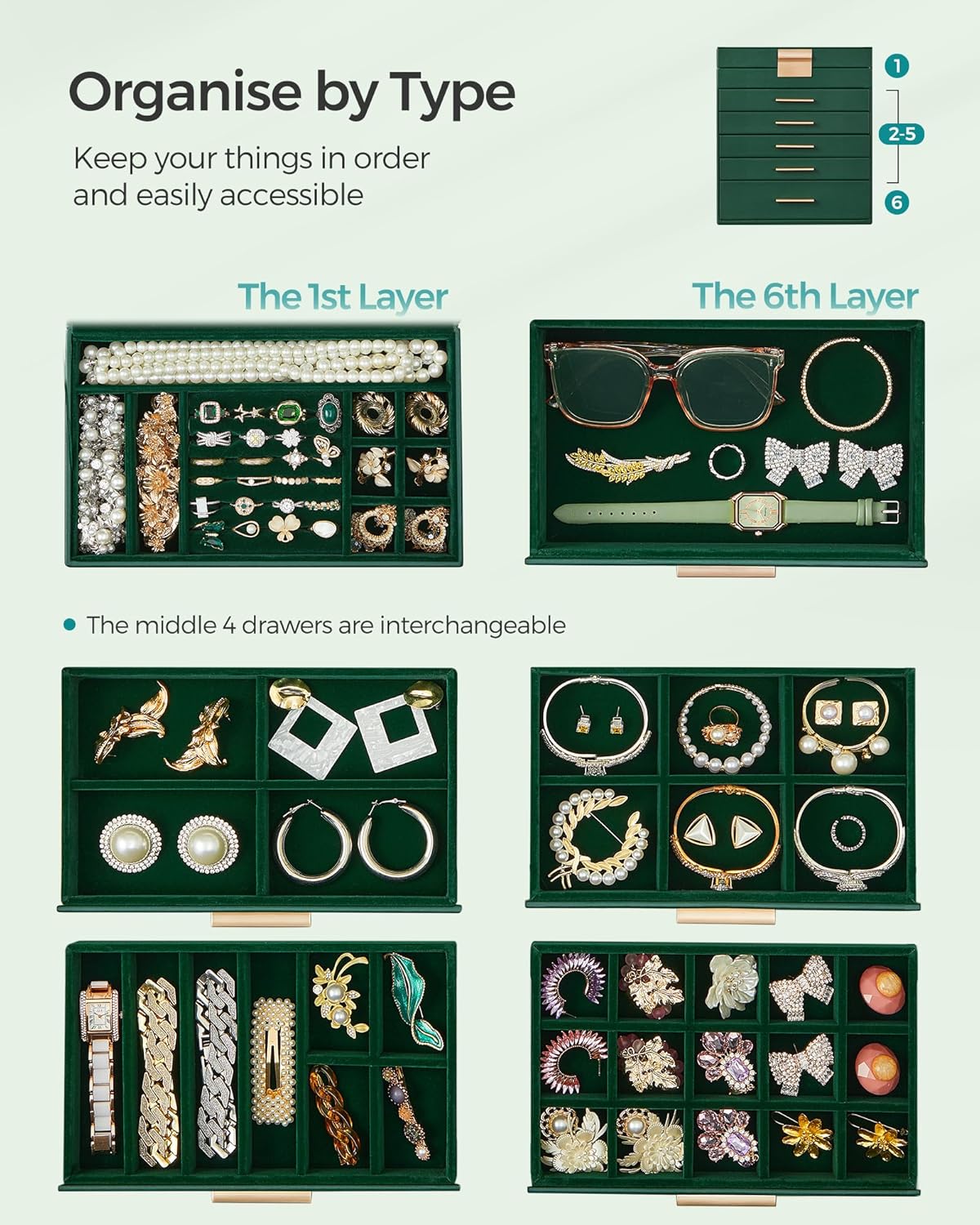 SONGMICS Jewelry Box Organizer with Glass Lid, 6-Layer Jewelry Storage, with 5 Drawers, Modern Style, Christmas Gift, 6.4 x 9.9 x 11.4 Inches, Forest Green and Gold Color UJBC171C01