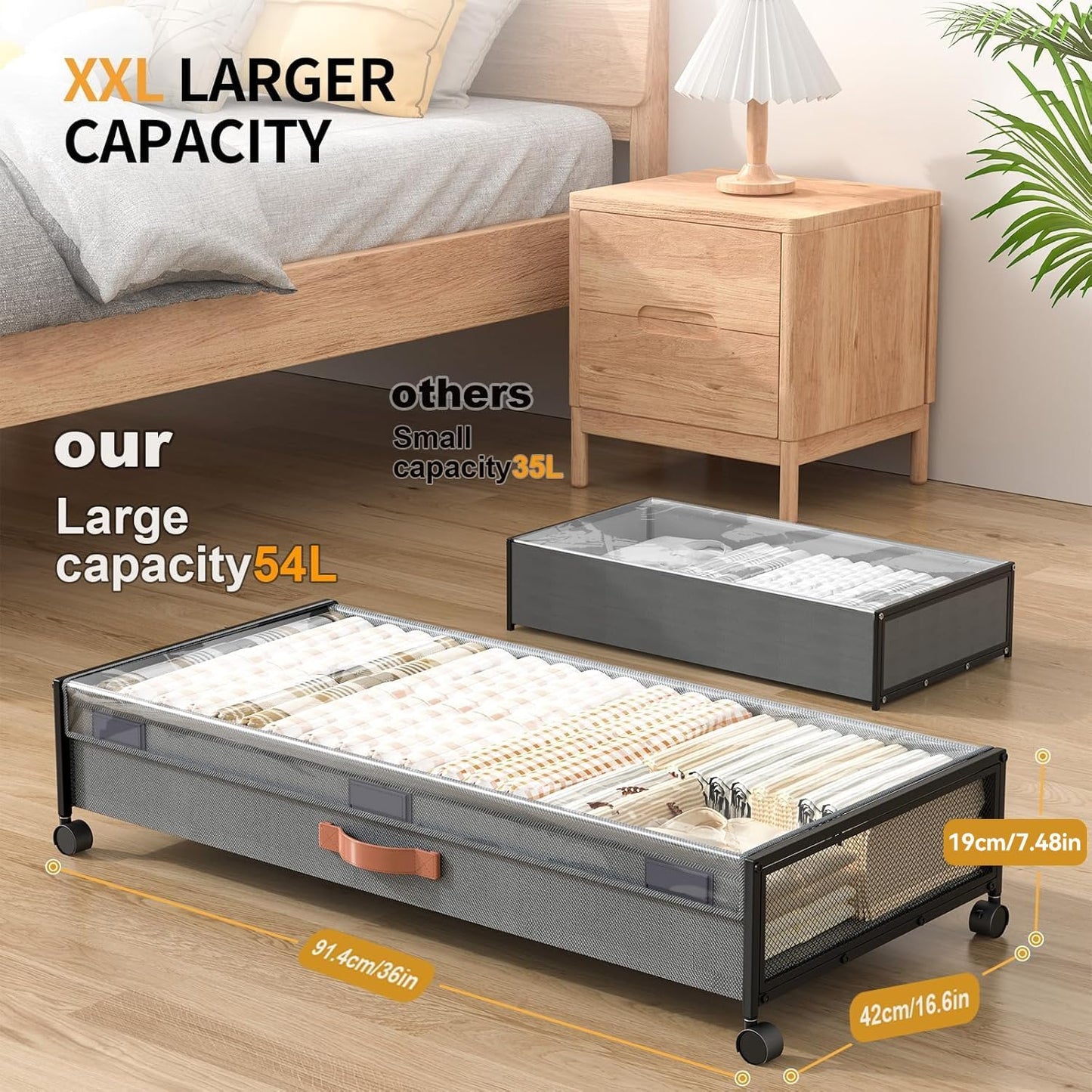 Under Bed Storage with Wheels, XXXL Larger Under Bed Storage Containers with Clear Lids, 36'' Lengthen Under Bed Shoe Organizer for Shoes Clothes(Grey 2 Pack, XXXL(36"x16.6"x7.48"))