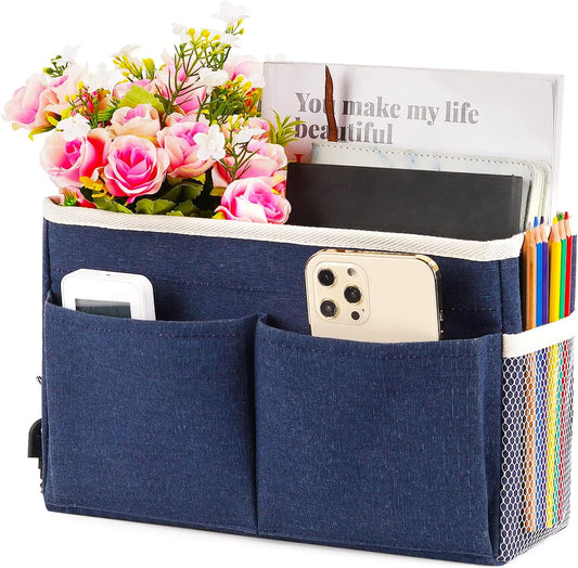 Bedside Caddy Bedside Storage Organizer Hanging Bunk Bed Dorm Room with Side Pockets for Water Bottles, Books, Cell Phones, Headphones (Dark Blue)