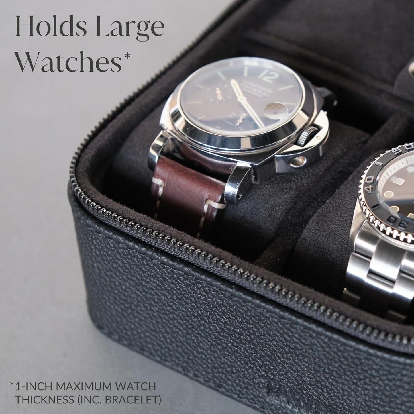 TAWBURY 3 Slot Watch Case Plus Storage – Luxury Leather Watch Travel Case for Men | Black Watch Cases for Men Travel | Traveling Watch Holder for Men | Black Watch Roll Case | 3 Watch Box for Men
