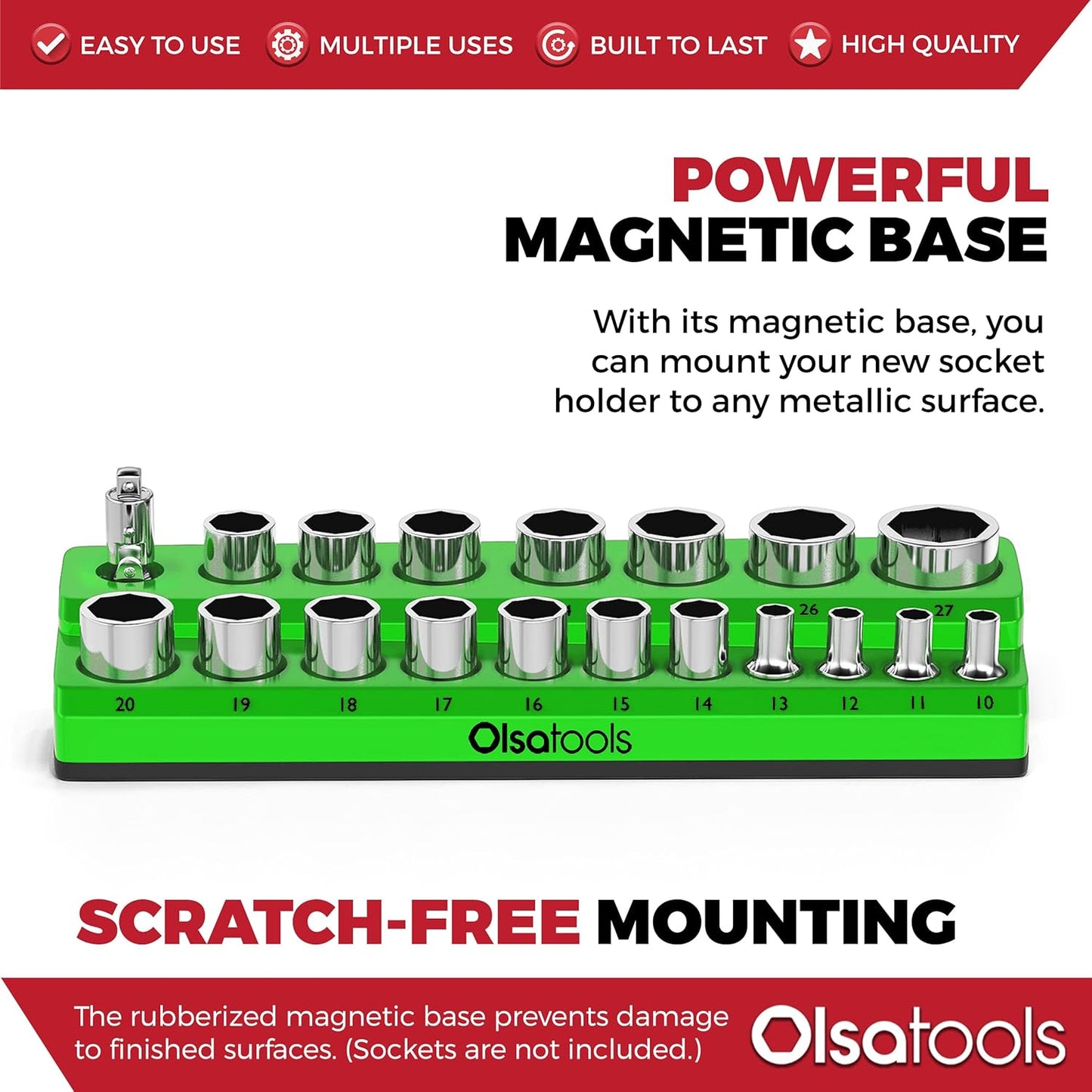 Olsa Tools Magnetic Socket Holder | 1/2-inch Drive | Metric | Green | Holds 19 Sockets | Professional Quality Tools Organizer