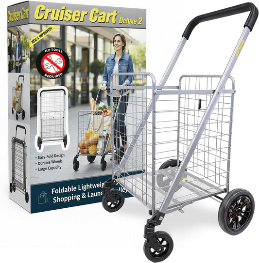 dbest Products Cruiser Cart Deluxe 2 - Foldable Shopping Cart with Wheels for Groceries - Heavy Duty Utility Cart with Brake System - Collapsible Laundry Cart - USA Designed - Holds 100 lbs - Silver