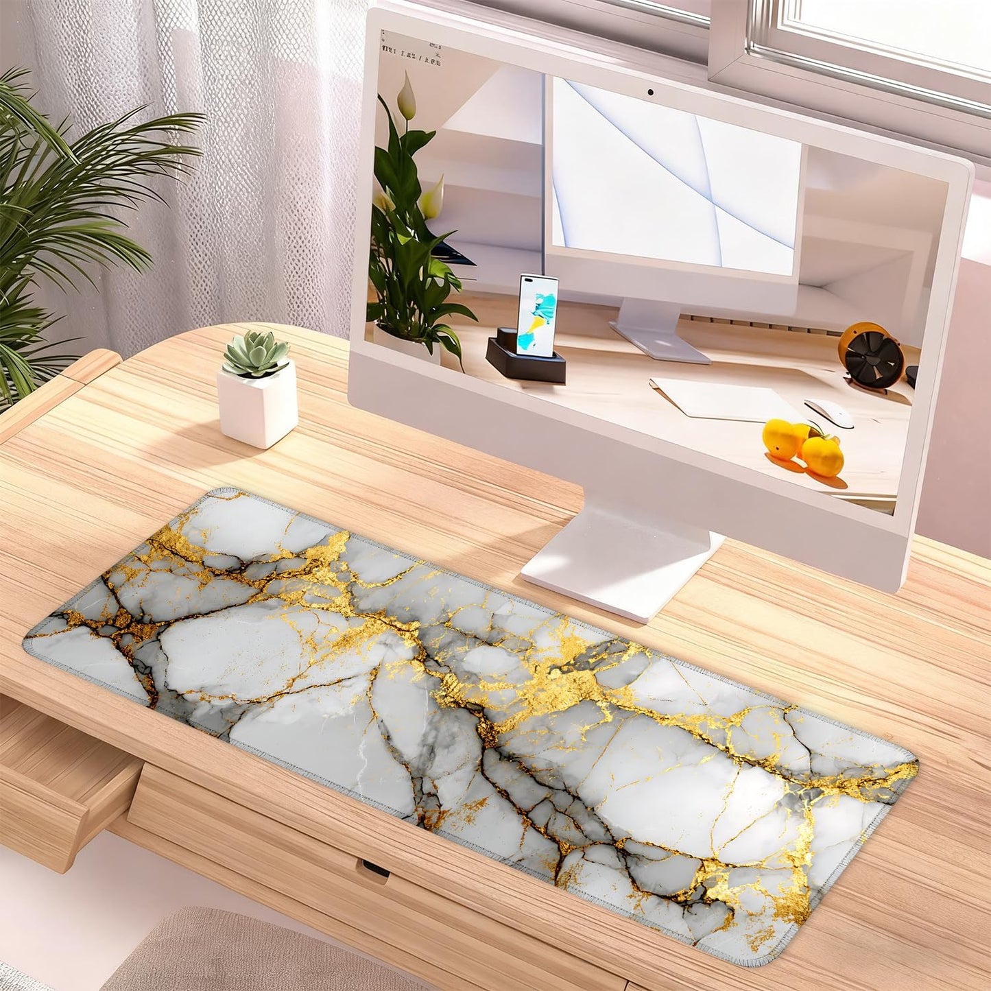 White Marble Mouse Pad – Large Extended Desk Mat 31.5 x 11.8 in– Elegant Gold Vein Design, Non-Slip Rubber Base, Waterproof Surface, Keyboard & Mouse Pad for Office, Gaming, Home Decor
