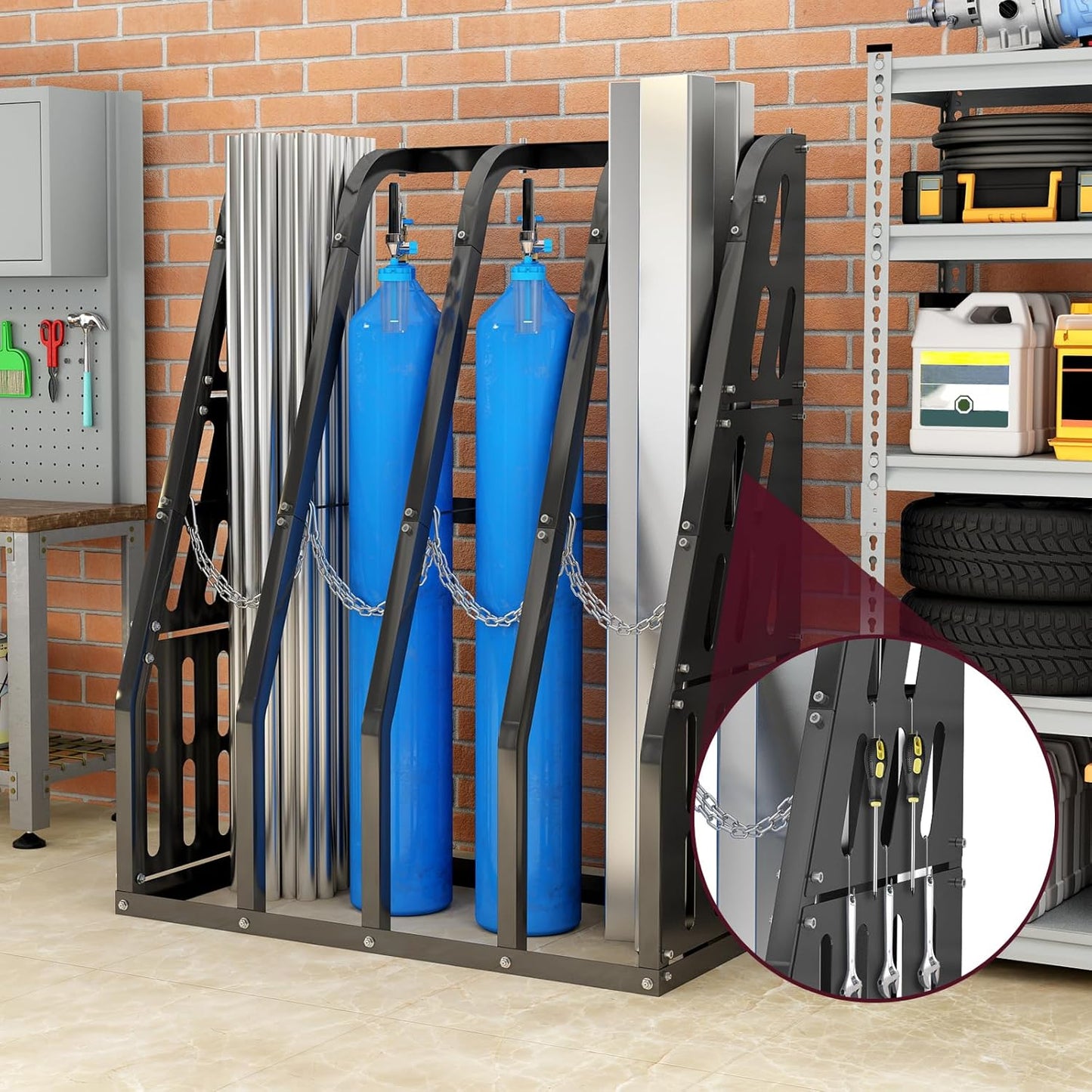 Vertical Long Parts Storage Rack, 1,500 lb Capacity, 4-Bay Black Steel Bar/Lumber Rack with Safety Chain, 48" W x 24" D x 60" H for Garage/Workshop/Factory
