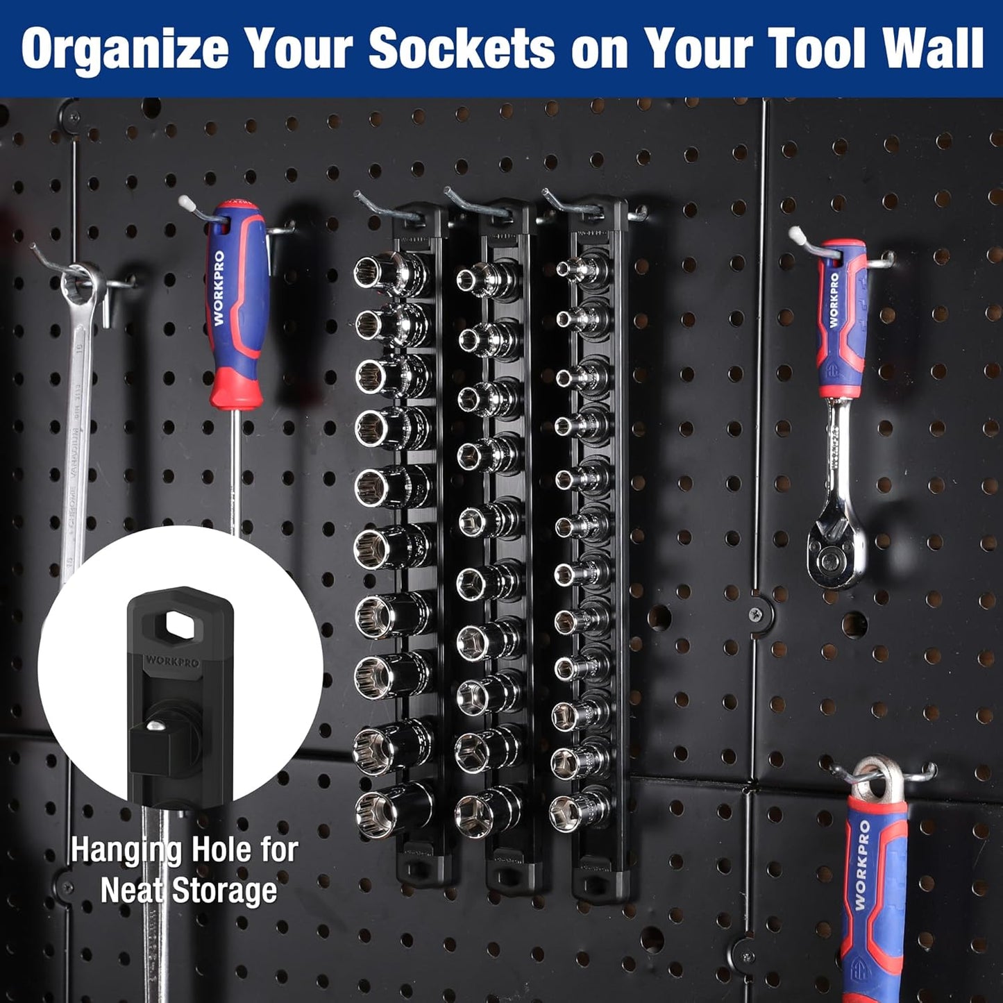 WORKPRO Magnetic Socket Organizer, 1/2-Inch Drive Aluminum Alloy Socket Rail, Heavy Duty Socket Holder, Socket Rack Kit 1/2-Inch x 10 Clips Black (Socket not Included)