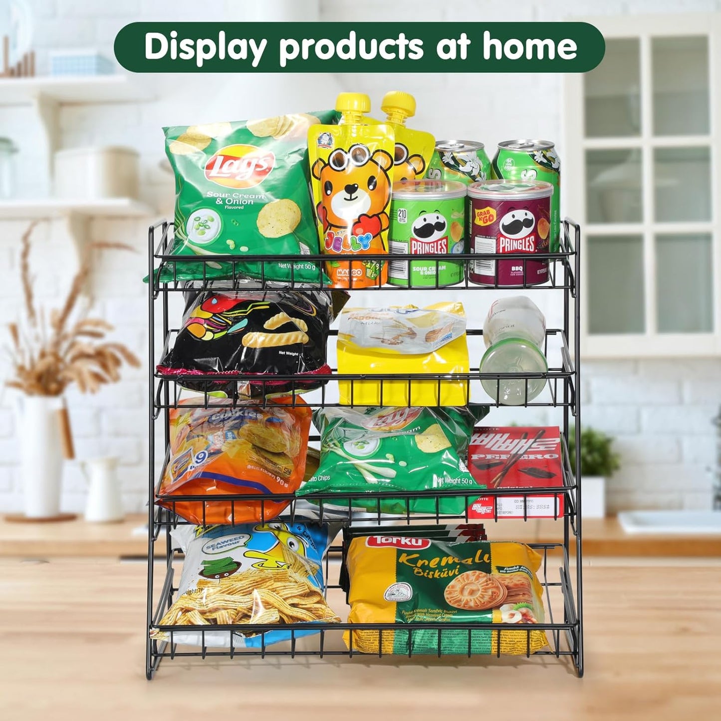 4-Tier Black Stackable Candy Display Rack, Snack Organizer For Countertop, Stores, Offices with 24 Signs and 60 Labels (Black-2 Pack)