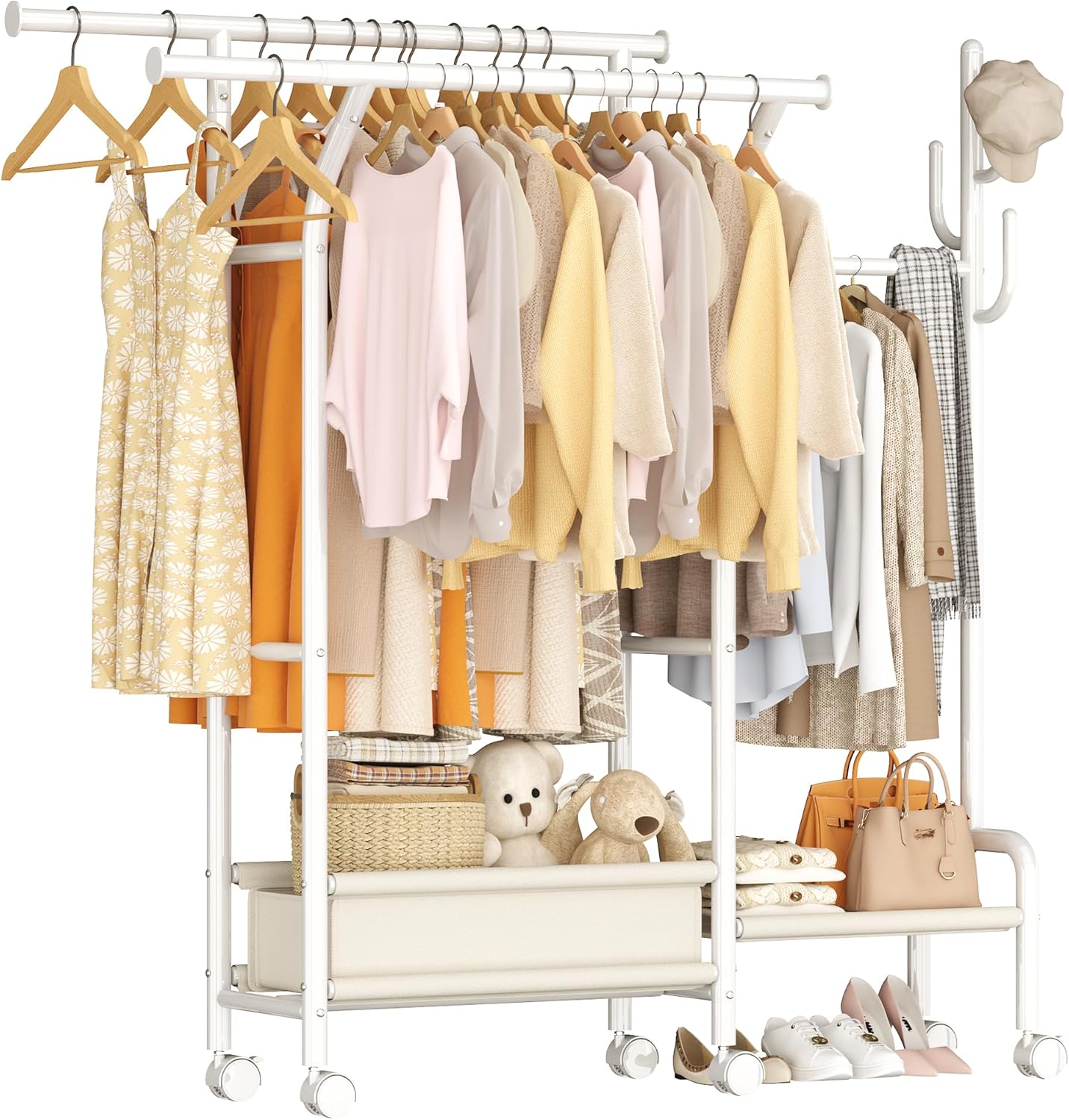 Homeiju Heavy Duty Clothes Rack Load 500LBS, Three Rods Clothing Racks for Hanging Clothes Extendable, Rolling Garment Rack with Sturdy Wheels, Basket, Storage Shelves, White