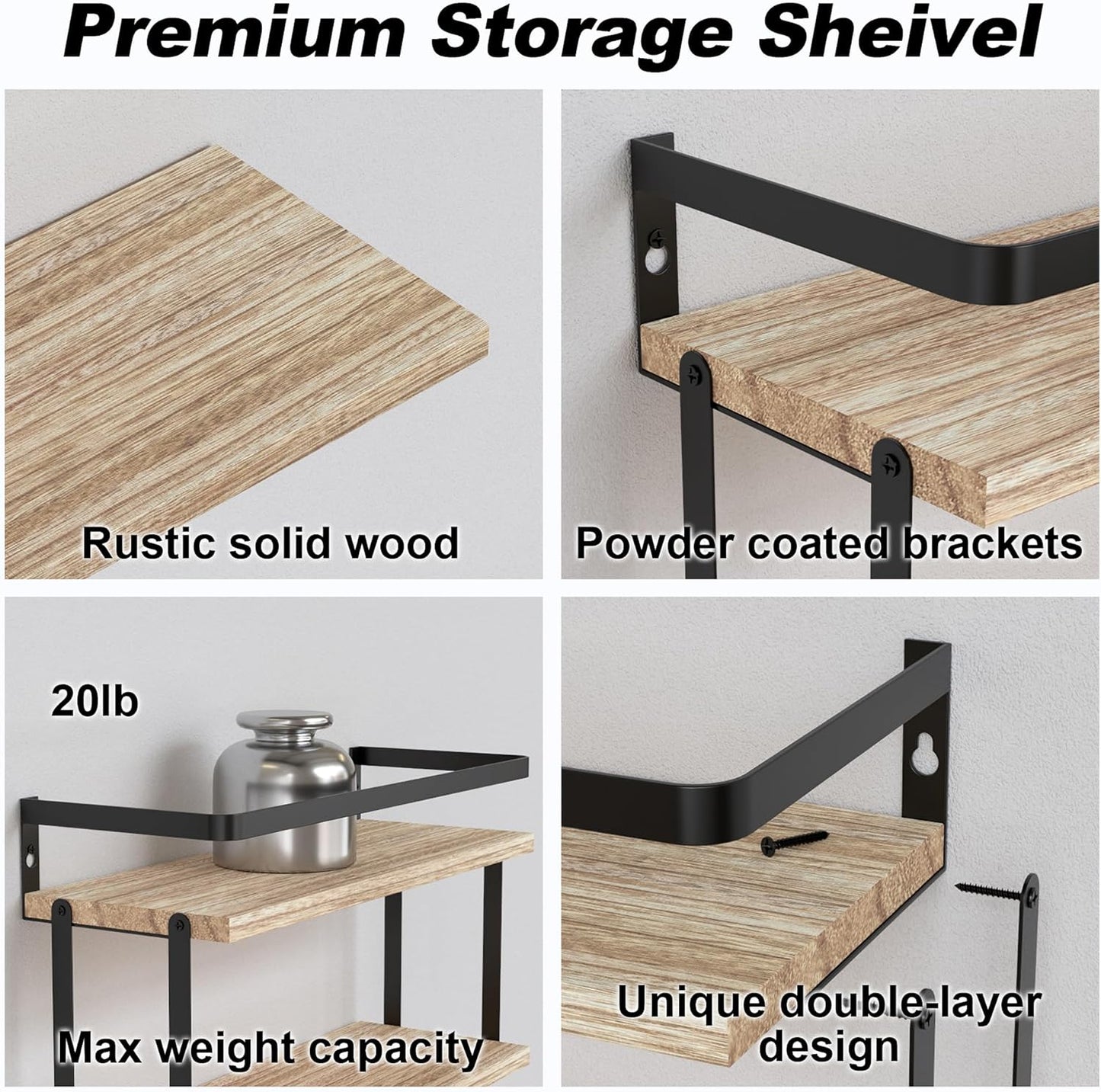 RICHER HOUSE 2+1 Tier Wall Mounted Floating Shelves Set of 2, Rustic Wood Wall Shelf with Metal Frame, Extra Storage Rack for Bathroom, Kitchen, Bedroom with Tissue Rack & Towel Bar - Rustic Wood