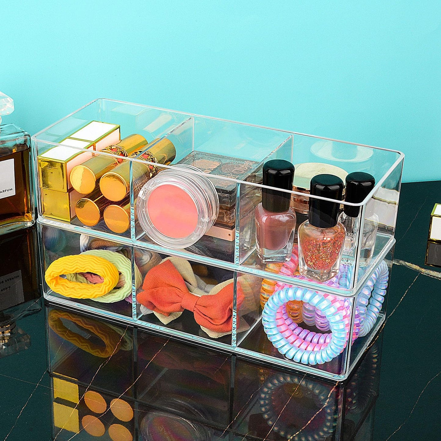 JessLab Acrylic Organizer, 2PK Cube Sections Makeup Organizer for Drawer, Makeup Organizer for Vanity, Countertop, Bathroom, Kitchen and Cabinet Storage(1+3 Compartment)