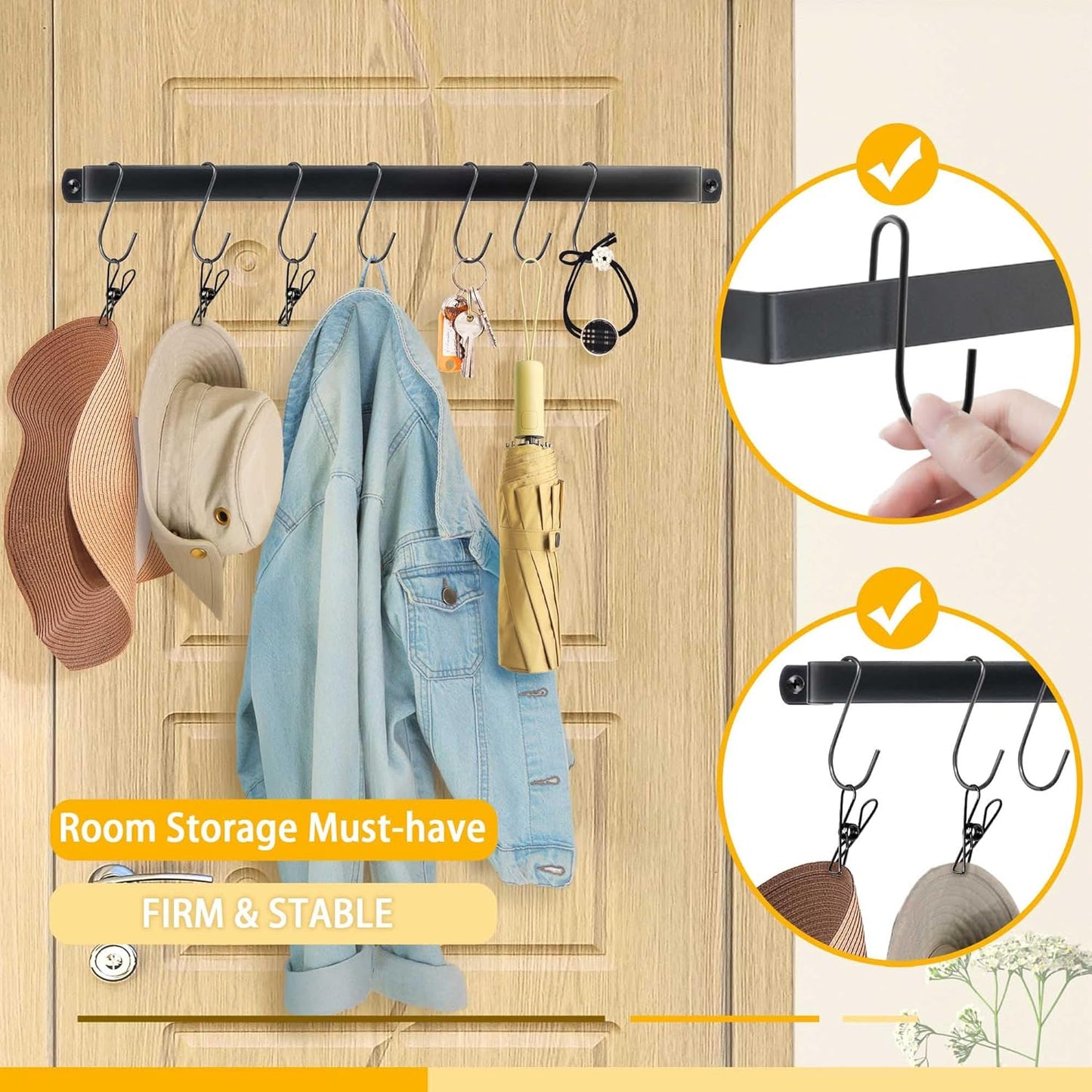 Hat Organizer Closet Organization Wall: 17 Inch Hat Holder with 12 Adjustable Stainless Steel Clips - Baseball Caps Organizer Fits All Caps - Tie Belt Hanger for Closet Storage Solution - 1 Pack