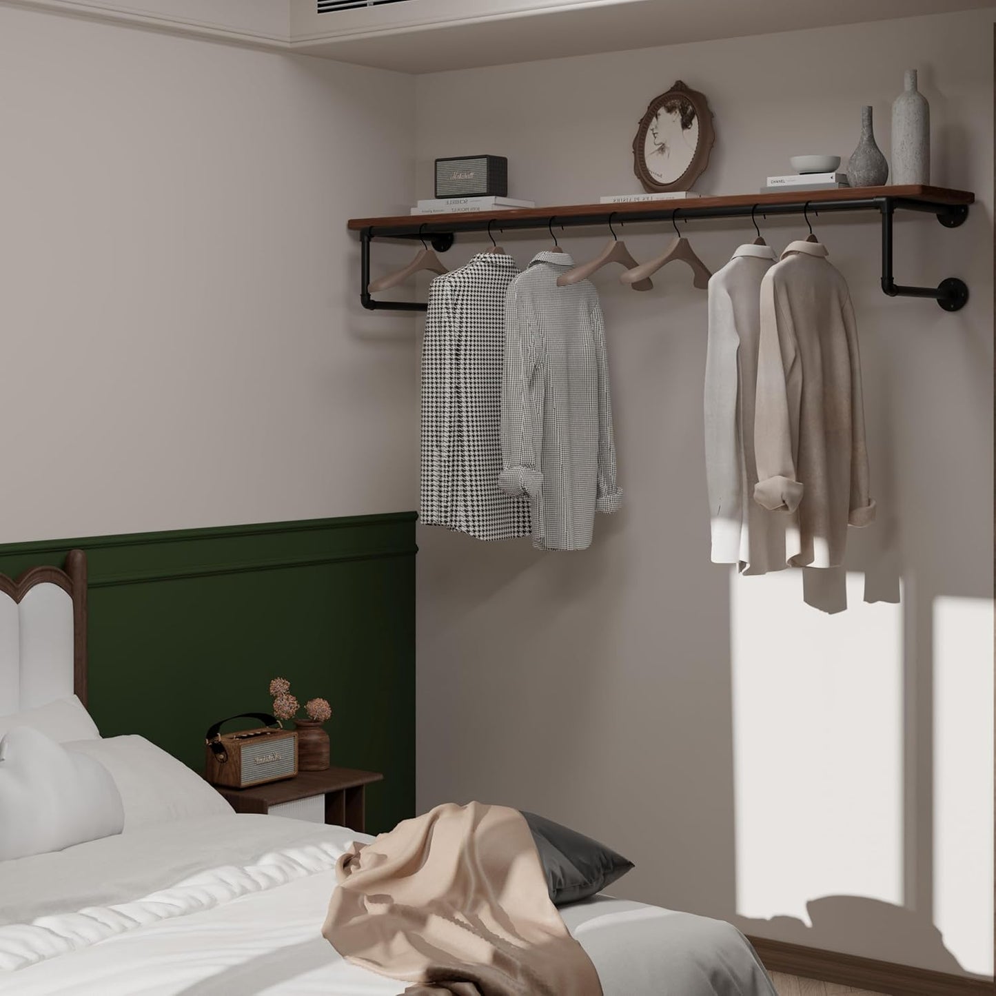 Clothes Rack 60in, Wall Mounted Garment Racks with Real Wood Shelf, Heavy Duty Hanging Clothes Rack, Multi-Purpose Hanging Rod, Space-Saving Closet Storage
