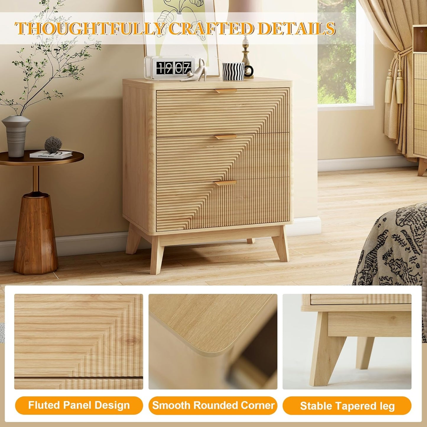 3 Drawer Fluted Nightstand for Bedroom, Modern Wood Night Stand with Curved Profile, Fluted Dresser & Wood Drawer Organizer for Bedroom and Hallway