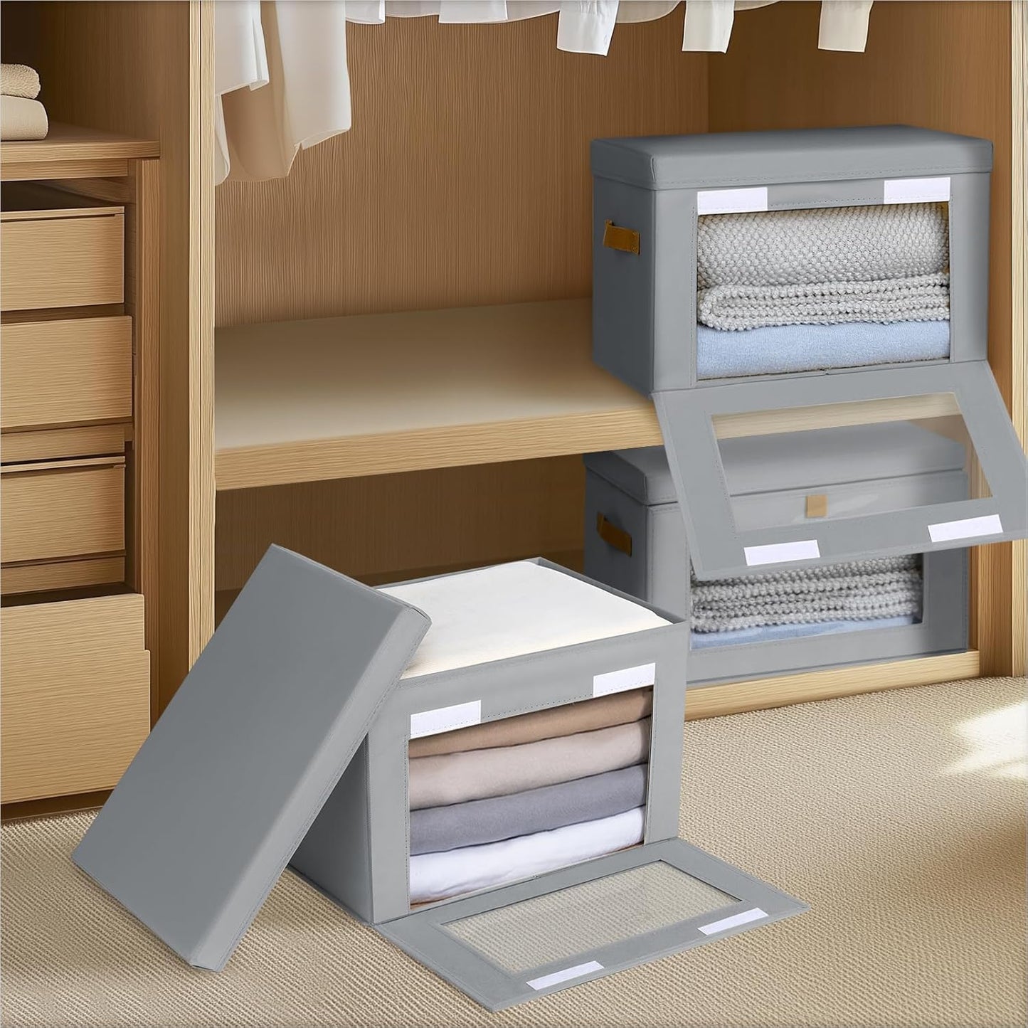 Small Fabric Storage bins - Collapsible Storage Bins with Open Window, 2 Pack Closet Baskets for Shelves, Stackable Decorative Boxes for Home, Dorm, Grey, 13.7"x 9.8" x 9.8"