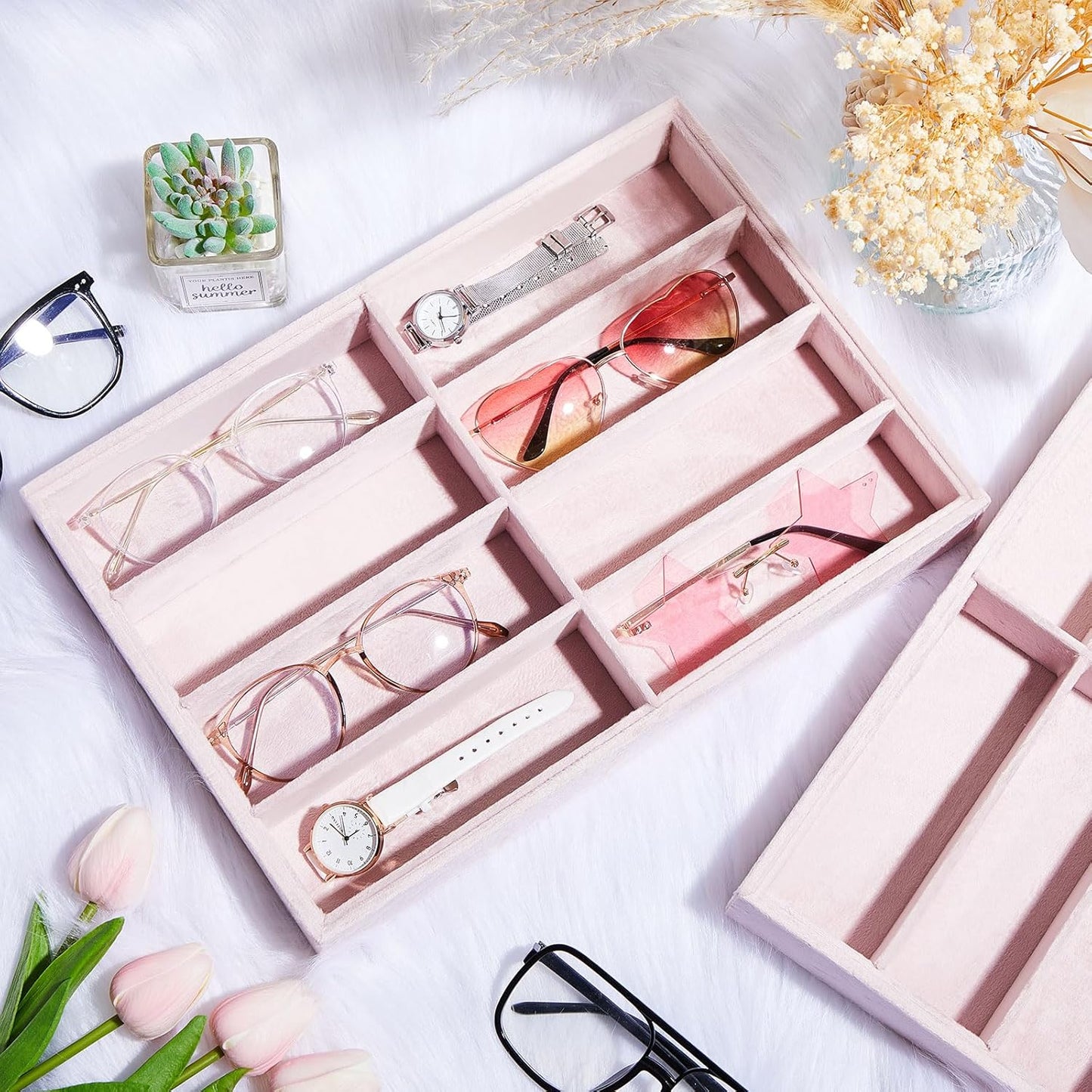 Amylove 2 Pcs Sunglass Organizer Trays Glasses Stackable Jewelry Trays Sunglass Organizer Display Box(8 Grids,Pink)