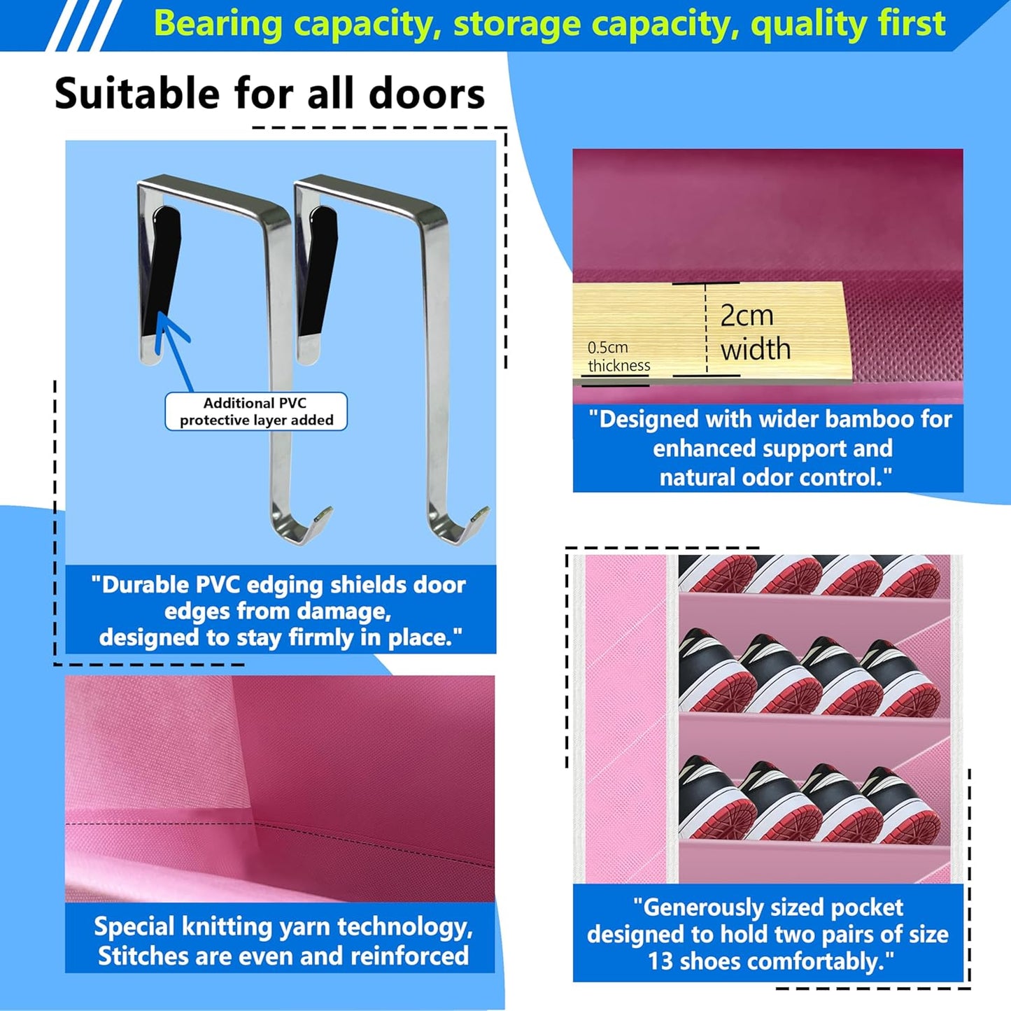 Over The Door Shoe Organizer, 70 Pounds Large Capacity, 20-30-Pair shoe organizer, Heavy Duty-Extra Deep Pockets ,Anti-Scratch Hooks & FSC-Certified Bamboo ,Engineered for Men’s Size 13 shoe,Pink