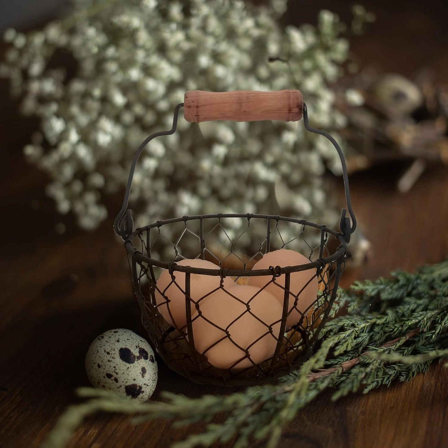 TAIANLE.Small Wire Egg Collecting Basket with Handle,Mini Metal Easter Quail Hunt Egg Basket for Gathering Fresh Egg,Round Farmhouse Vintage Countertop Holder,2 PCS