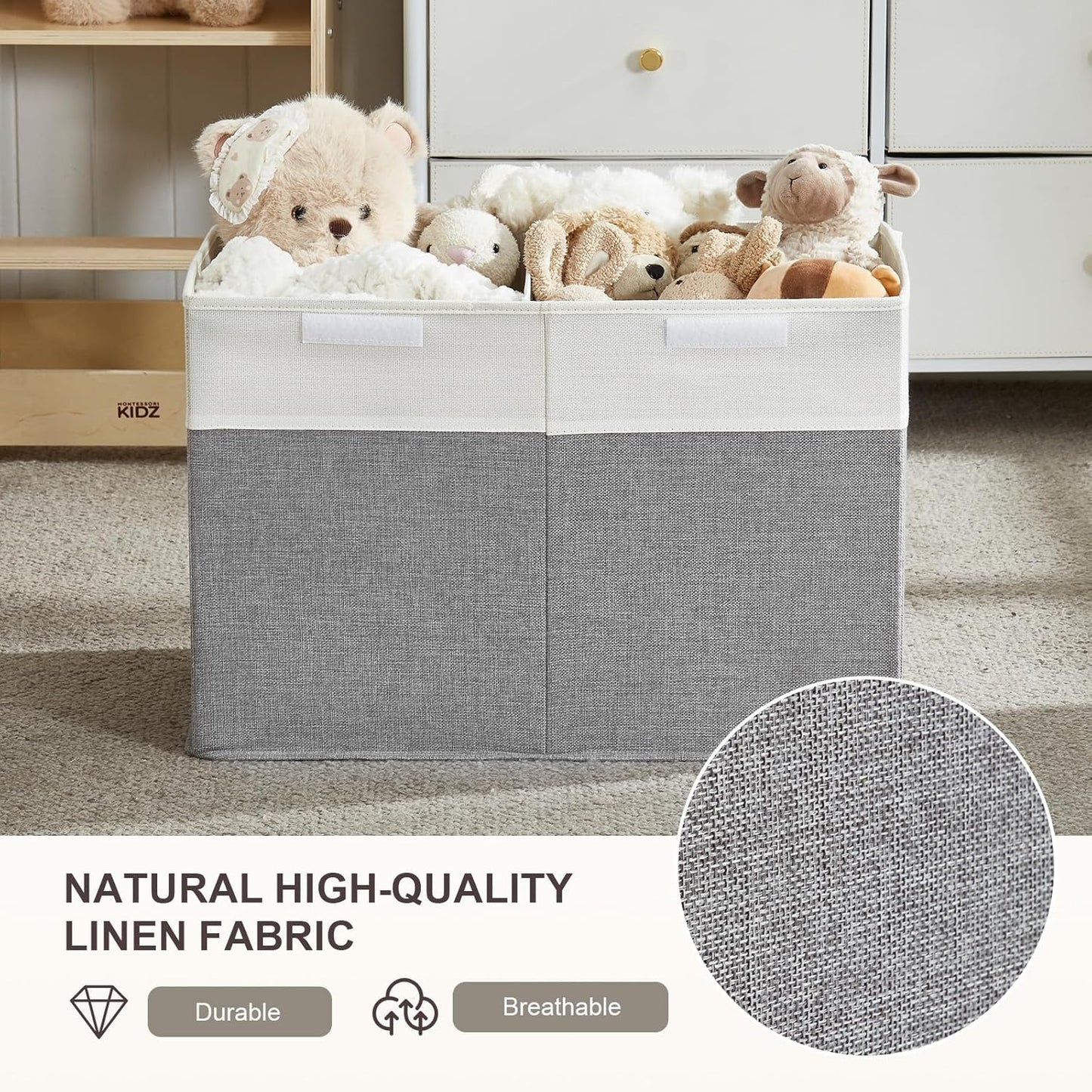 Large Toy Box with Flip-Top Lid, Collapsible Storage Organizer Bins with Dividers and Handles, Kids Bin Chest Baskets for Toys, Playroom Organizers, Nursery 25"x13" x16" (Gray & White)