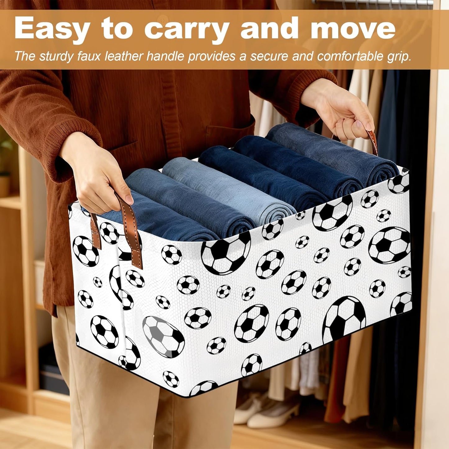 Black Soccer Football Storage Bins with Handles, Collapsible Storage for Clothes, Gift Basket, Blankets & Closet Organization