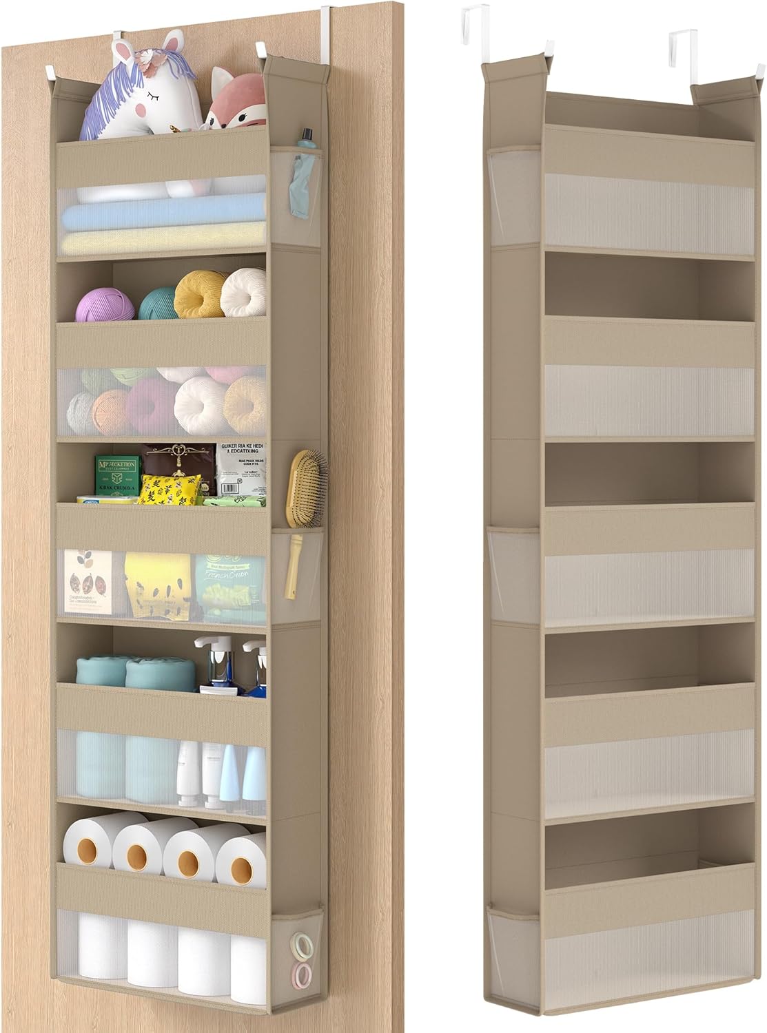 SONGMICS Over The Door Organizer, Hanging Door Organizer with 5 Large Pockets, 5-Tier Fabric Storage, Transparent Nylon Mesh, Foldable, Metal Hooks, with Side Pouches, Summer Sand URDH007Y01