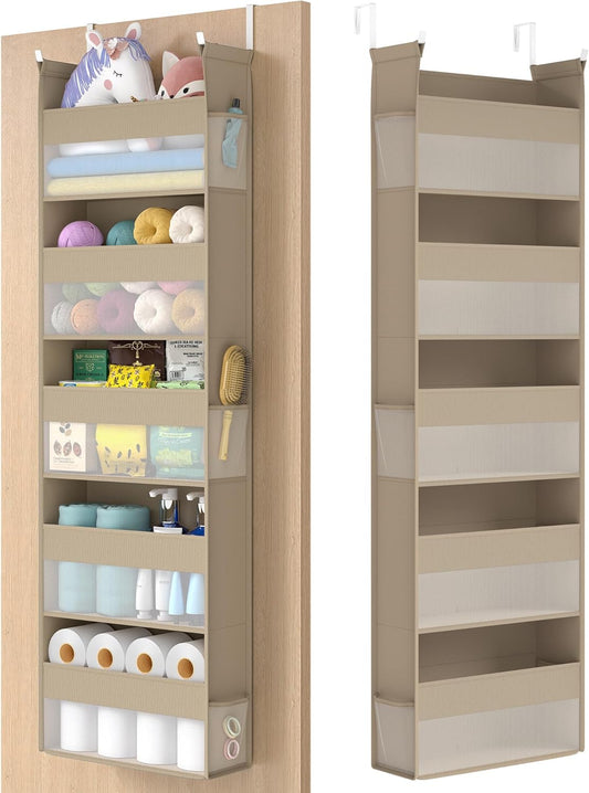 SONGMICS Over The Door Organizer, Hanging Door Organizer with 5 Large Pockets, 5-Tier Fabric Storage, Transparent Nylon Mesh, Foldable, Metal Hooks, with Side Pouches, Summer Sand URDH007Y01