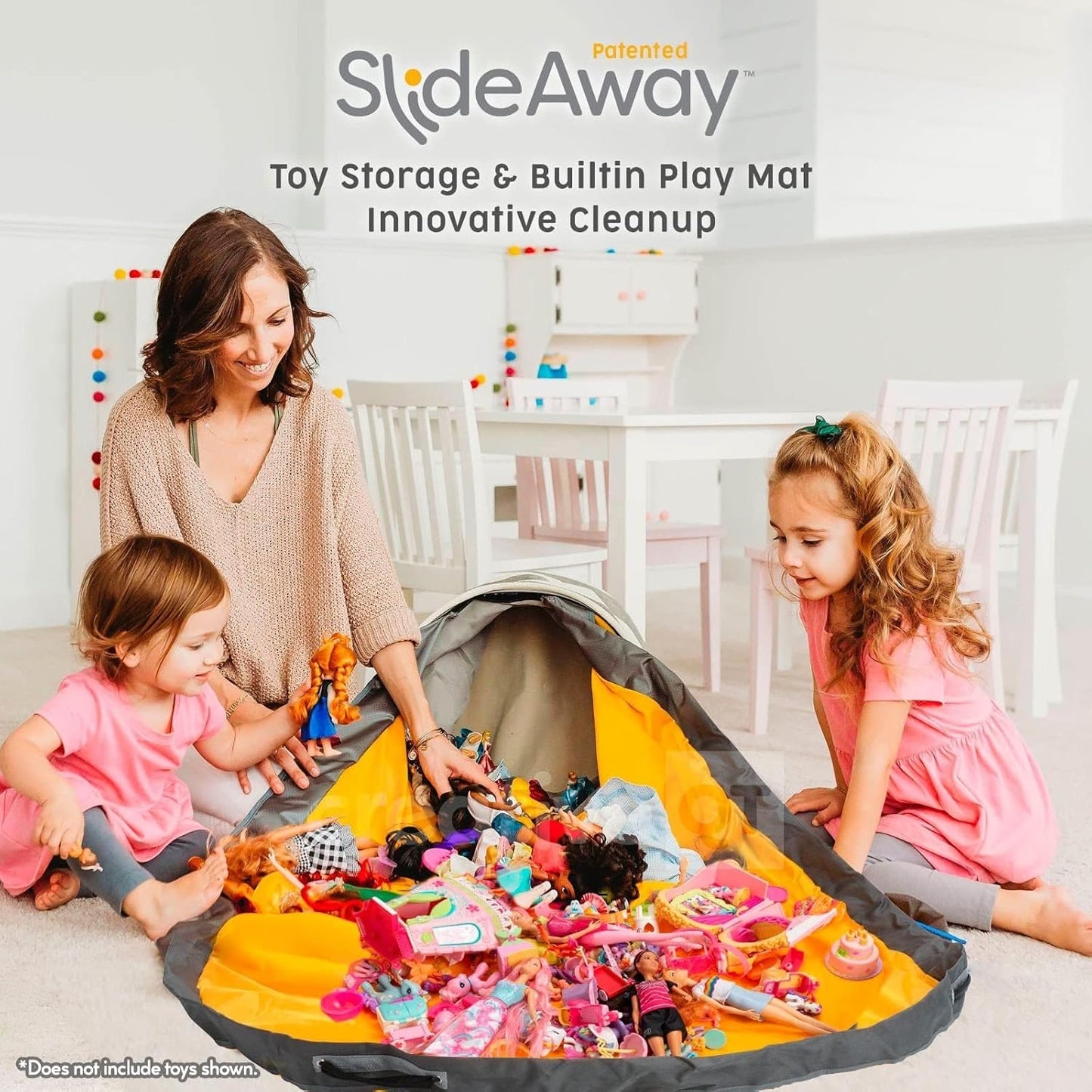 Creative QT SlideAway Toy Storage Organizer & Extra Large 52" Play Mat, Collapsible Storage Bins for Building Bricks, Small Blocks, Toys, Drawstring Cleanup for Kids Playroom & Classroom, Grey Stripes