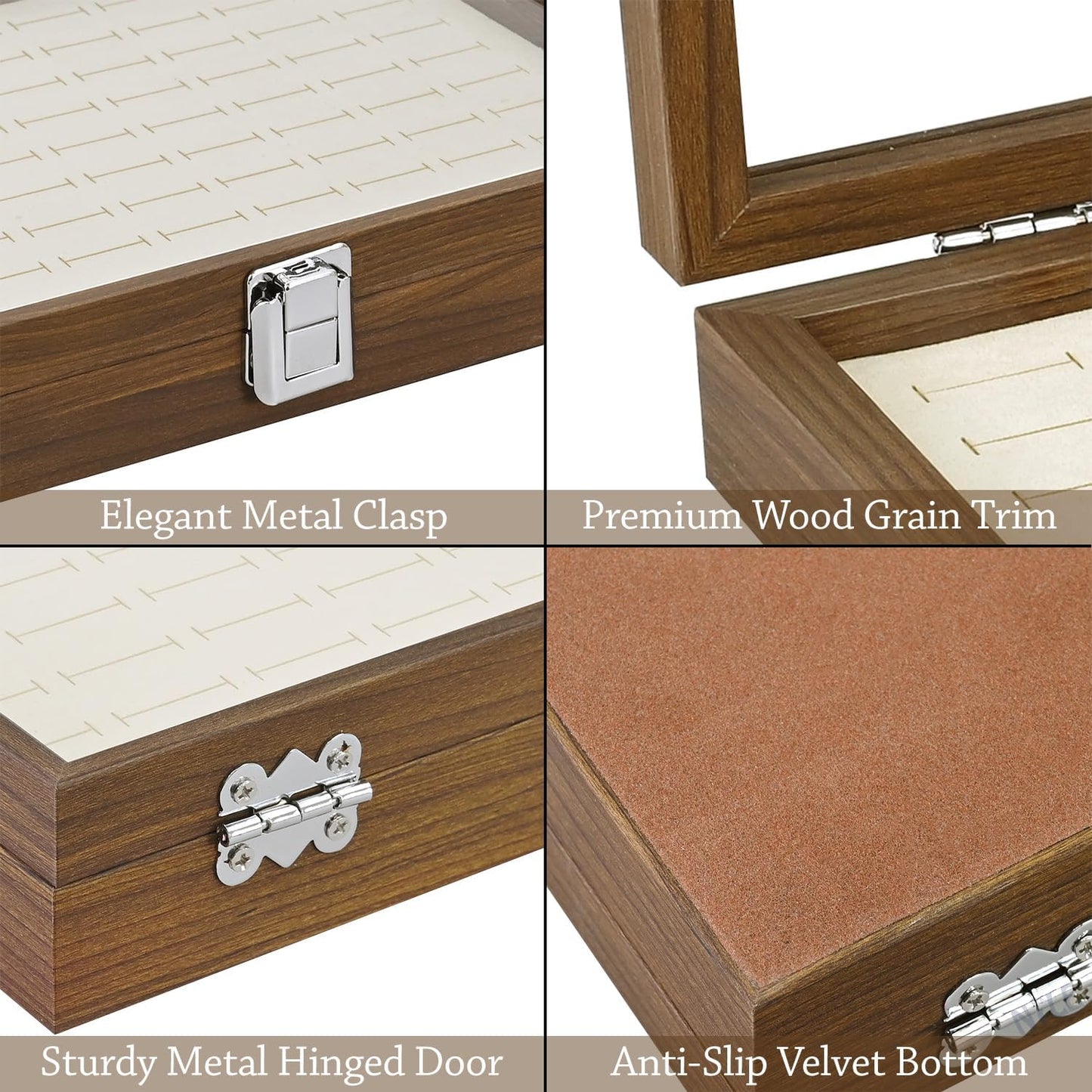 MOOCA 100 Ring Box Jewelry Display Tray, Display Case Accessories Storage Box with Tempered Glass Hinge Lid, Beige Lined Jewelry Tray for Rings, Walnut Color, 14.1W x 10.2D x 2.1H in