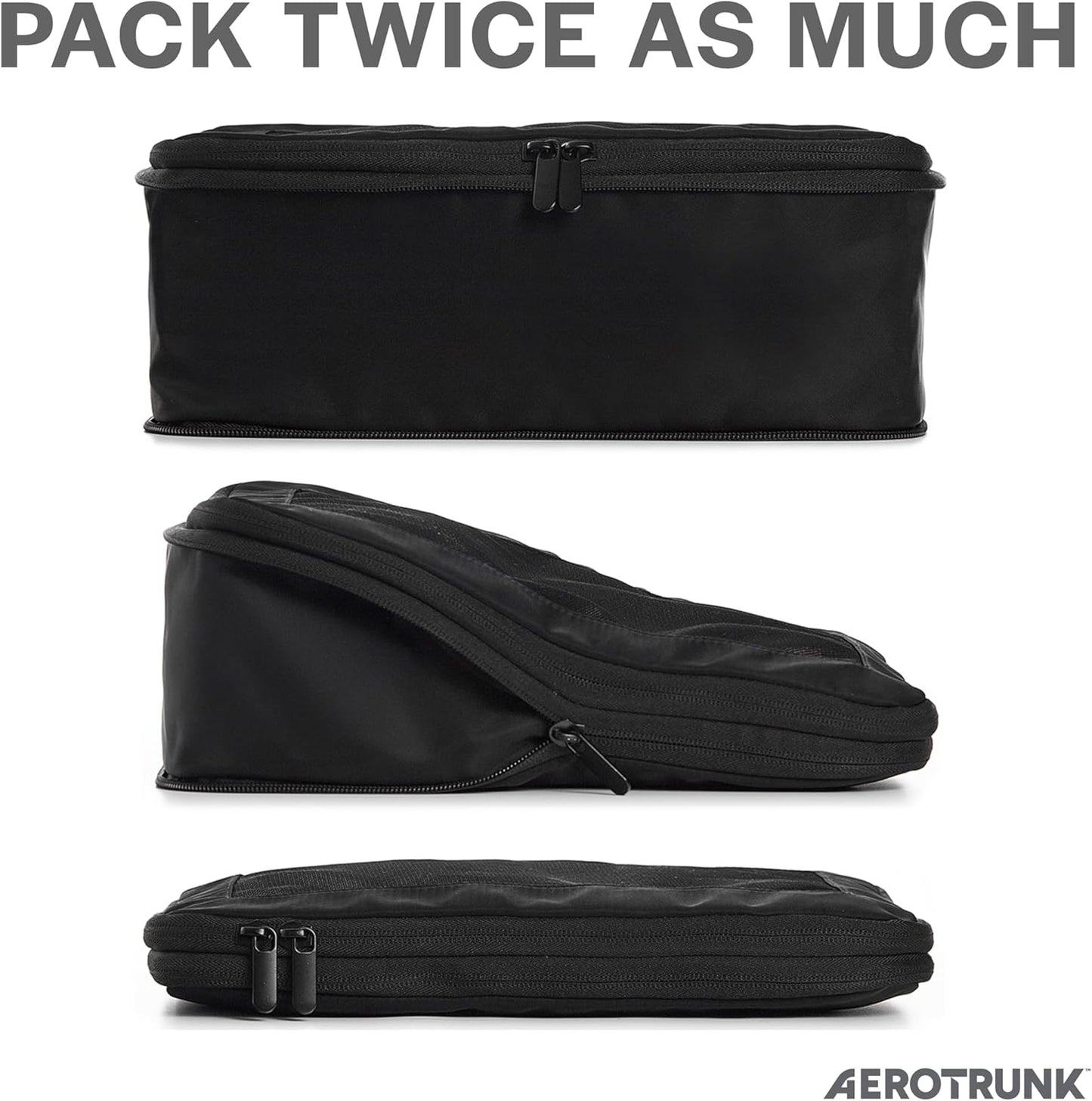 Aerotrunk Compression Packing Cubes for Travel - Luggage Organizer Bags - Double Zipper Packing Cubes for Suitcases (4-Pack, Black)