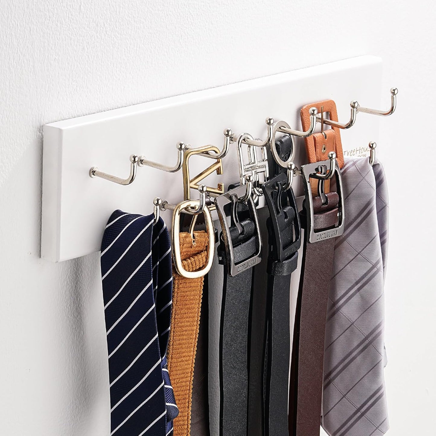 Treehouse Belt Organizer Rack, Holds Over 28 Large Belts, Sturdy Metal & Solid Wood Storage Holder for Closet, Versatile, Wall Mounted Belt & Tie Display Hanger for Bedroom - (White)16''L x4.25''H