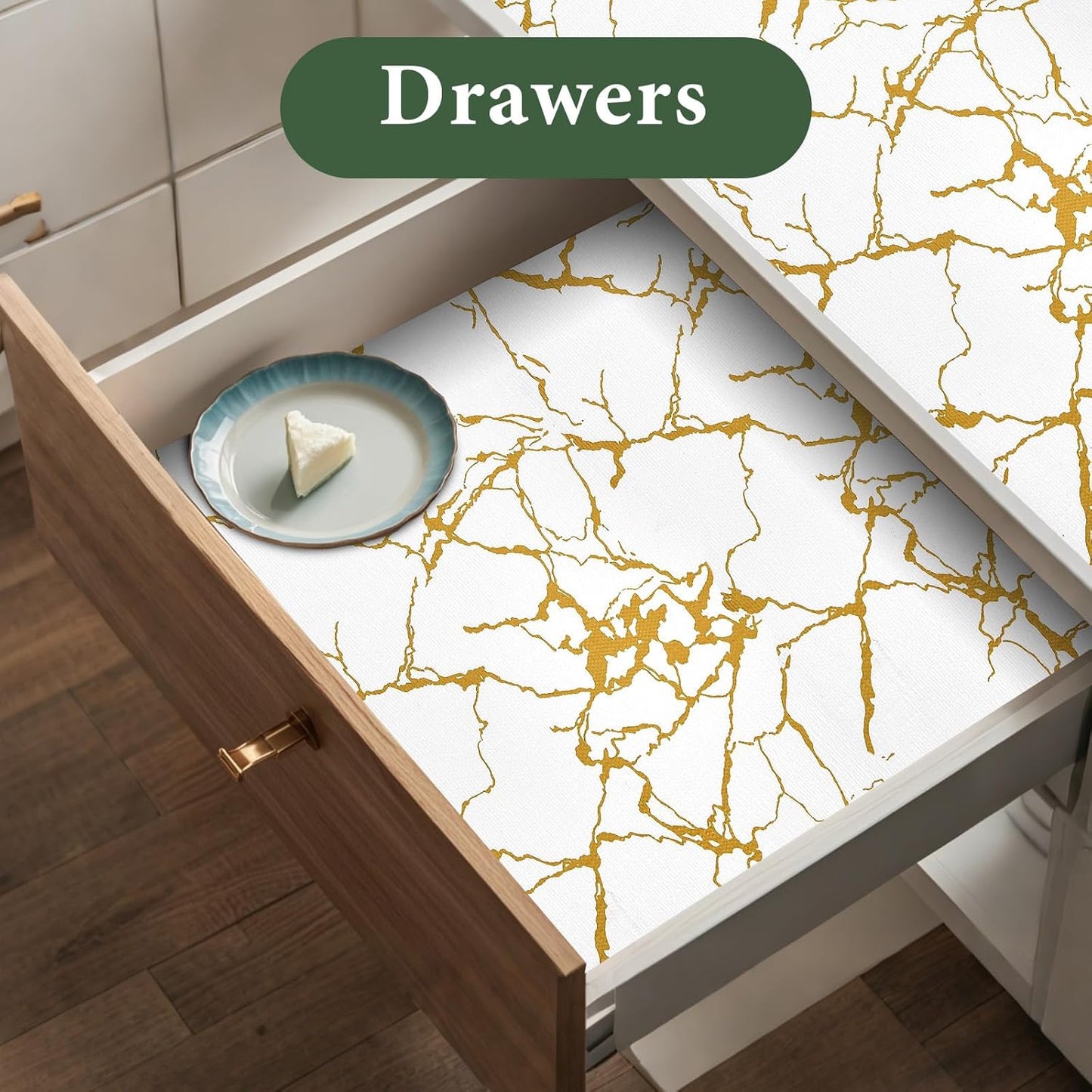 Drawer and Shelf Liner for Kitchen Cabinet Non Slip Waterproof Shelf Paper 17.5 in X 20 Ft Non Adhesive Refrigerator Liners Gold White Marble Easy Liners for Bathroom Cupboard