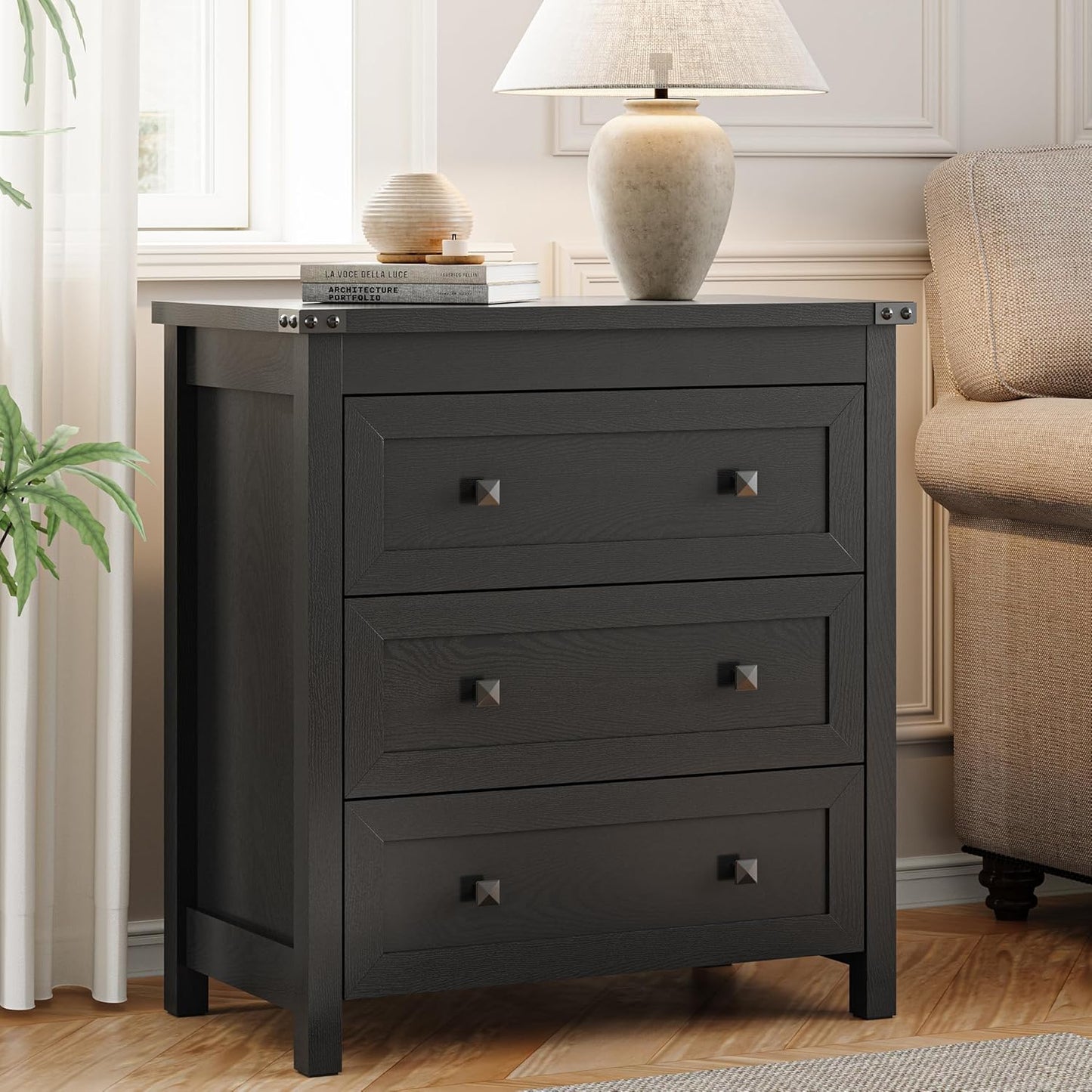 Dresser for Bedroom with 3 Drawers, 27.55" Wide Small Chests of Drawers, Farmhouse Wood Nightstand Bedside Cabinet End Table, Modern Closet Storage Organizer for Living Room, Entryway, Hallway, Black