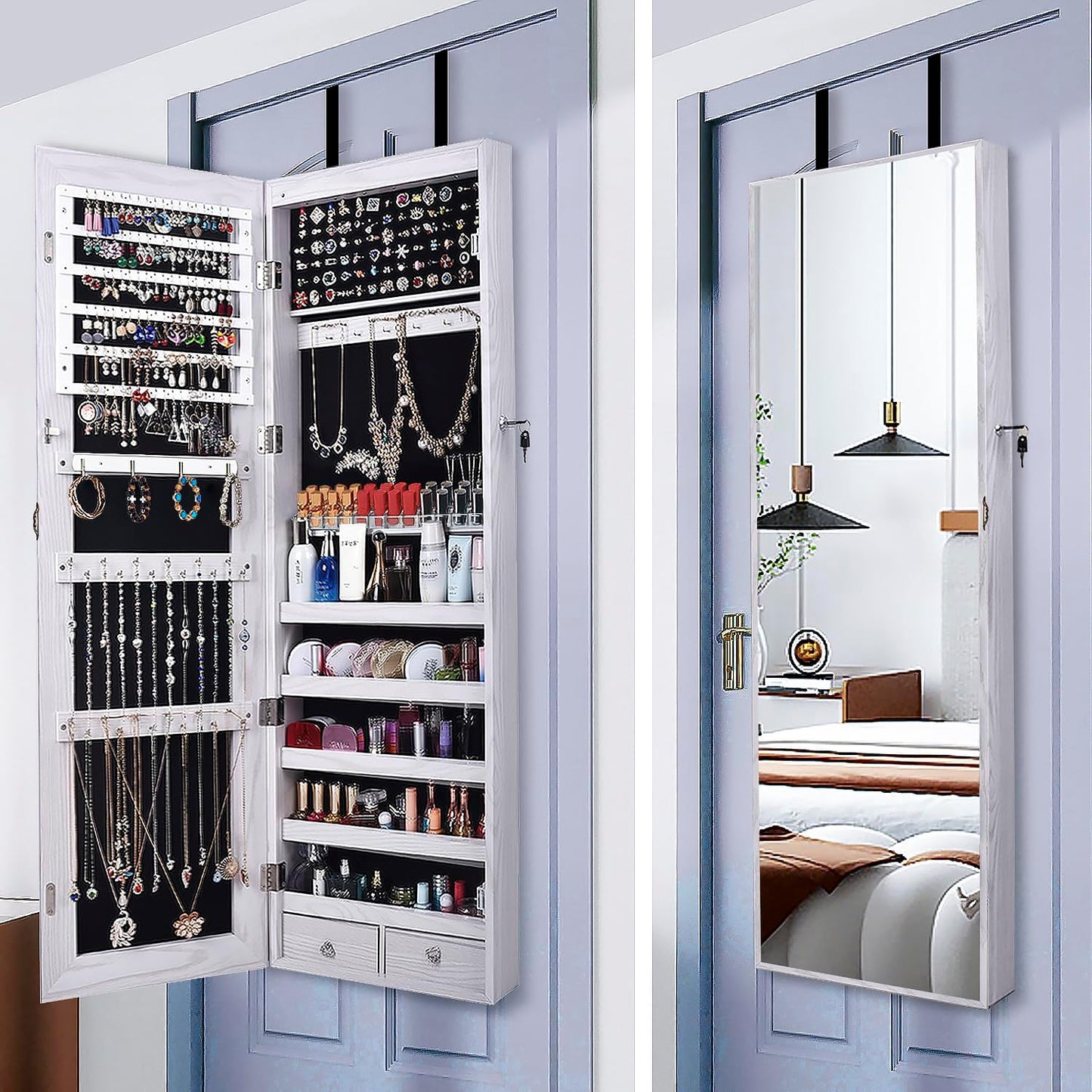 47" H Jewelry Armoire Full Length Mirror Cabinet Storage Organizer w/LED Light Wall-Mounted/Door-Hanging Lockable for Bedroom Makeups White