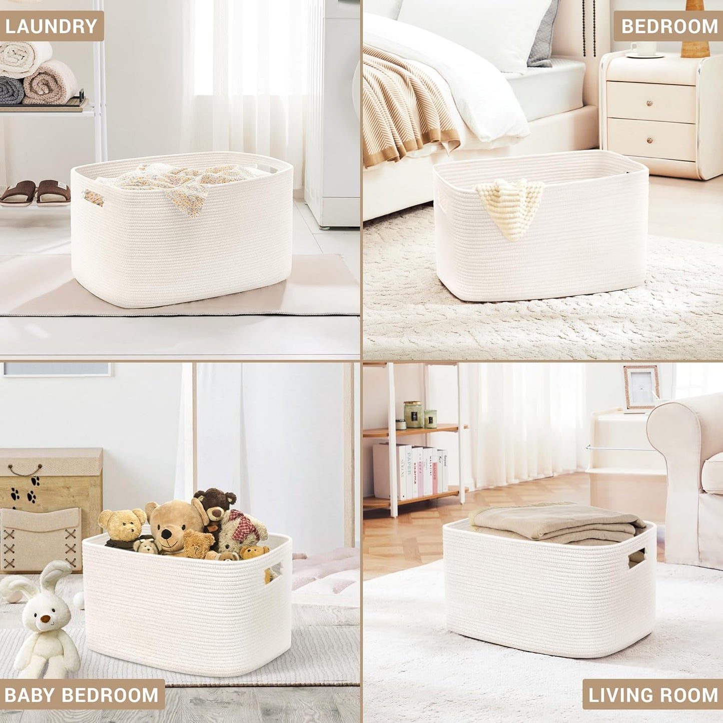 60L Small Baby Girls Laundry Basket for Nursery Storage,Cute Woven cotton Rope Baskets for Kids Toy，Gifts,Boho Square Wicker Blanket hamper for Living Room,Bedroom Dirty Clothes, White