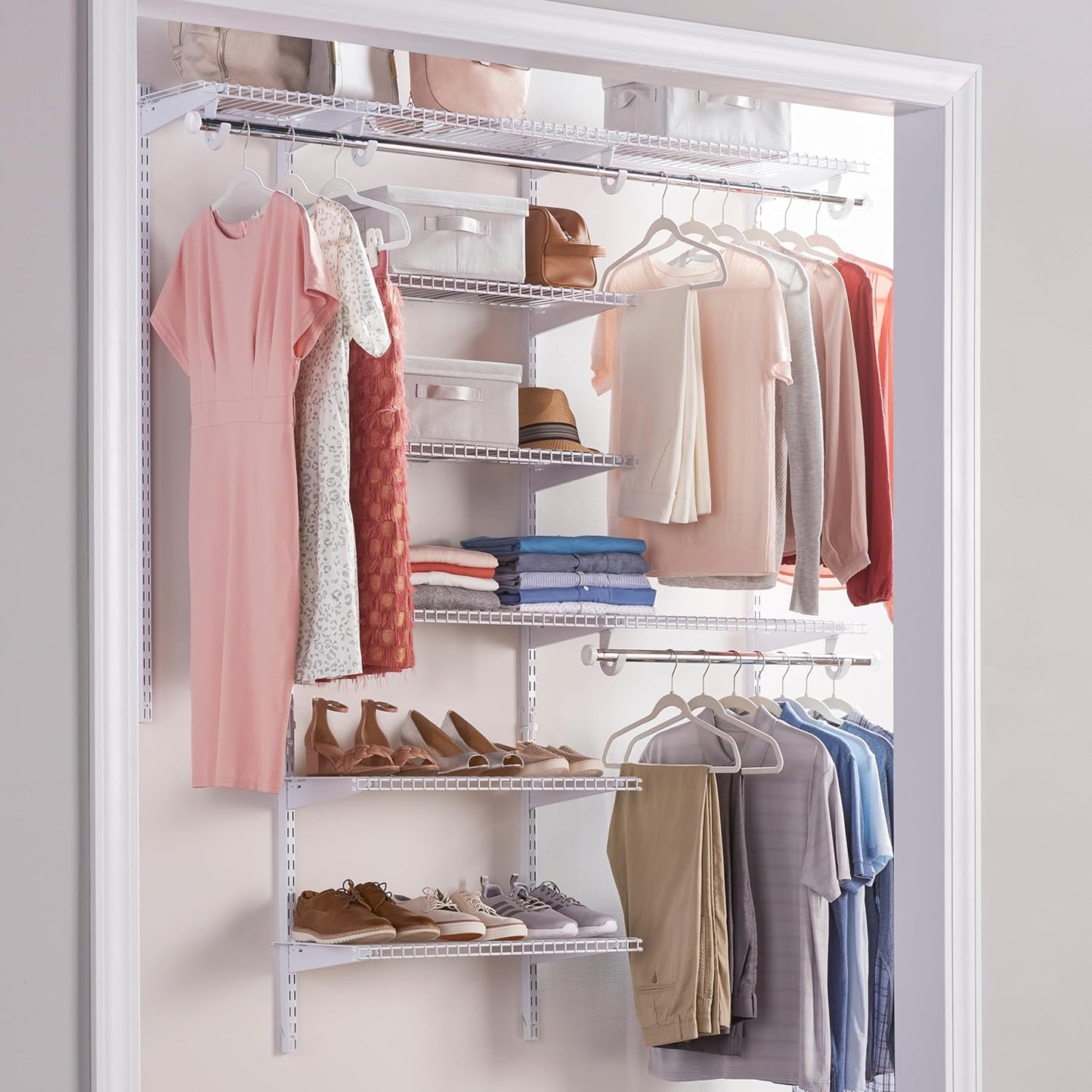 Rubbermaid Configurations Deluxe Custom Closet Kit 3-6 Ft. Adjustable Metal Wire Shelving White Finish Expandable Organization System Hardware Included for Home Closet/Pantry/Laundry/Mudroom