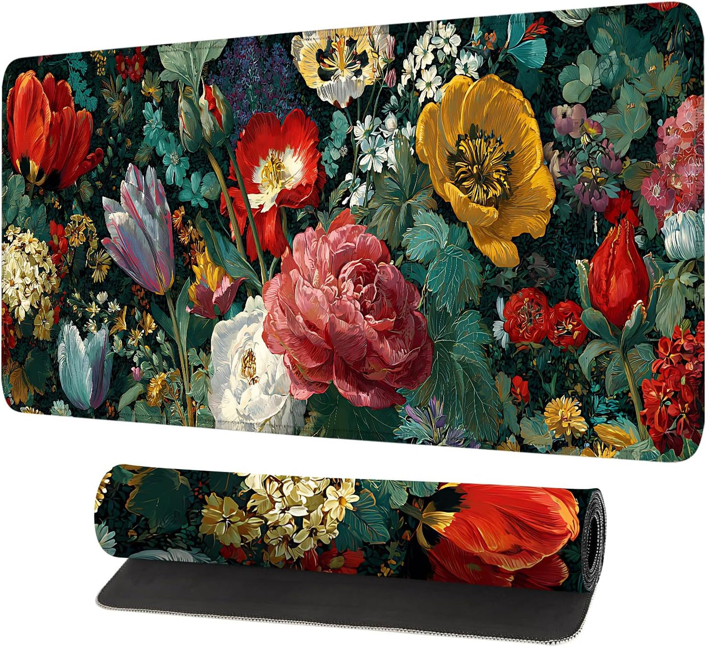 Vintage Oil Painting Floral Mouse Pad – Large Extended Desk Mat 31.5 x 11.8 in– Baroque Style Botanical Design, Waterproof Surface, Non-Slip Rubber Base, Oversized Mouse & Keyboard Pad for Art Lovers