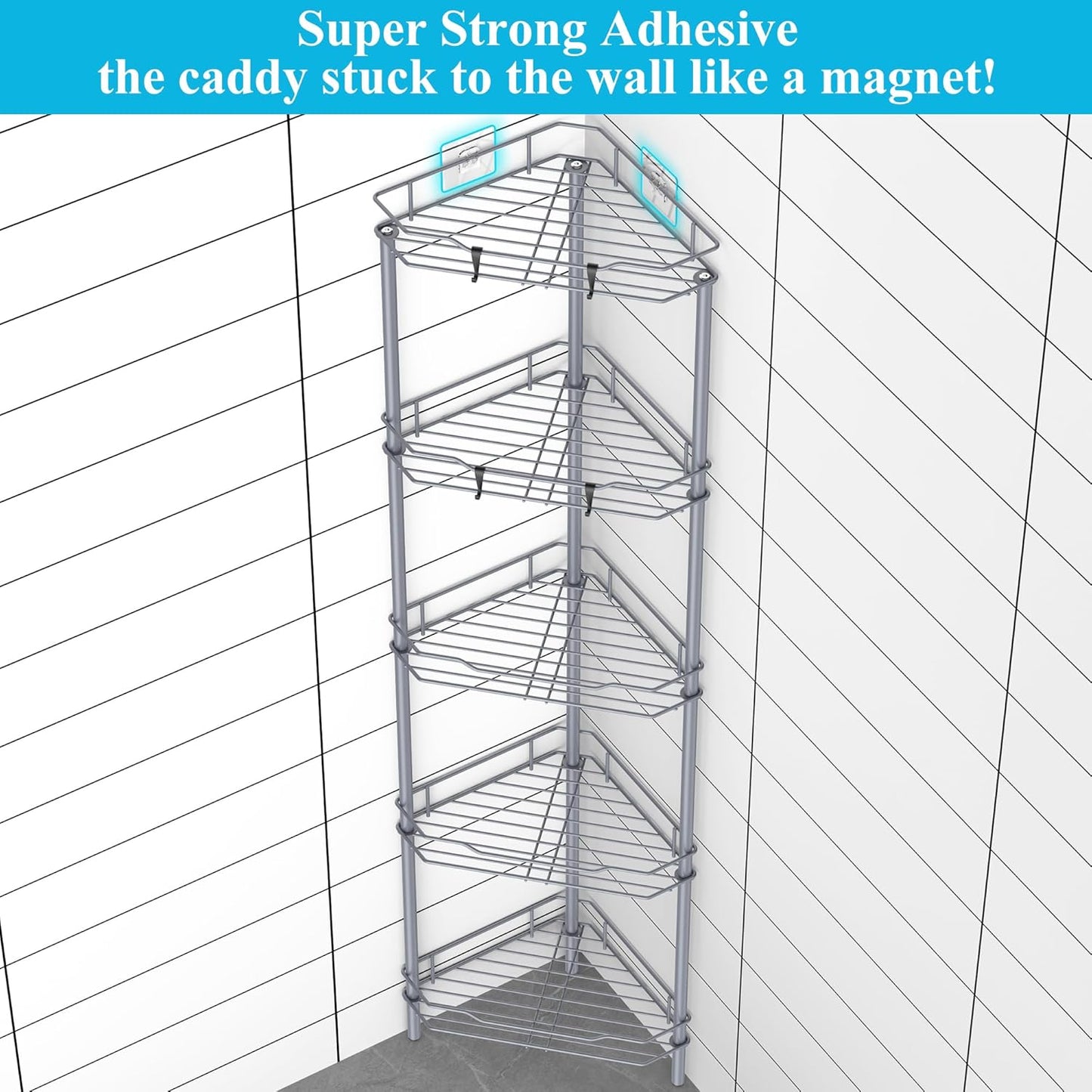 5 Tier Floor Standing Corner Shower Caddy Organizer Shelf with Hooks, Bathroom Shelves Stand Rack, Dark Gray