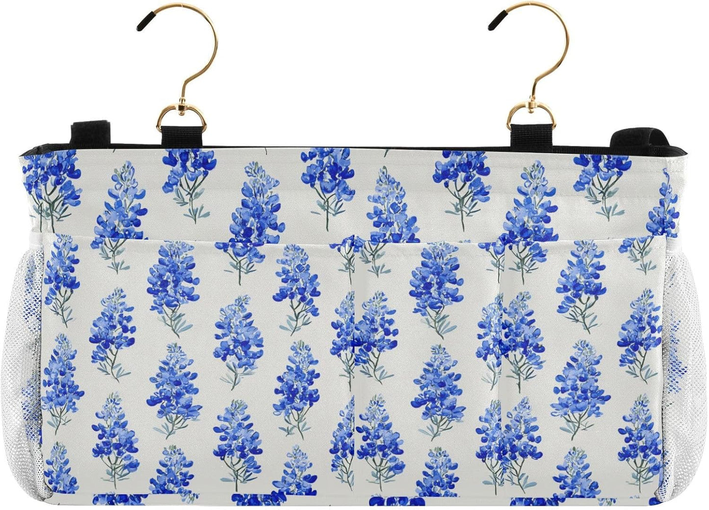Watercolor Bluebonnets Bedside Caddy for Dorm Bed Bedside Hanging Caddy Bag Iron Frame Storage Organizer Pocket for Bunk Home College Hospital Beds 2 Hooks