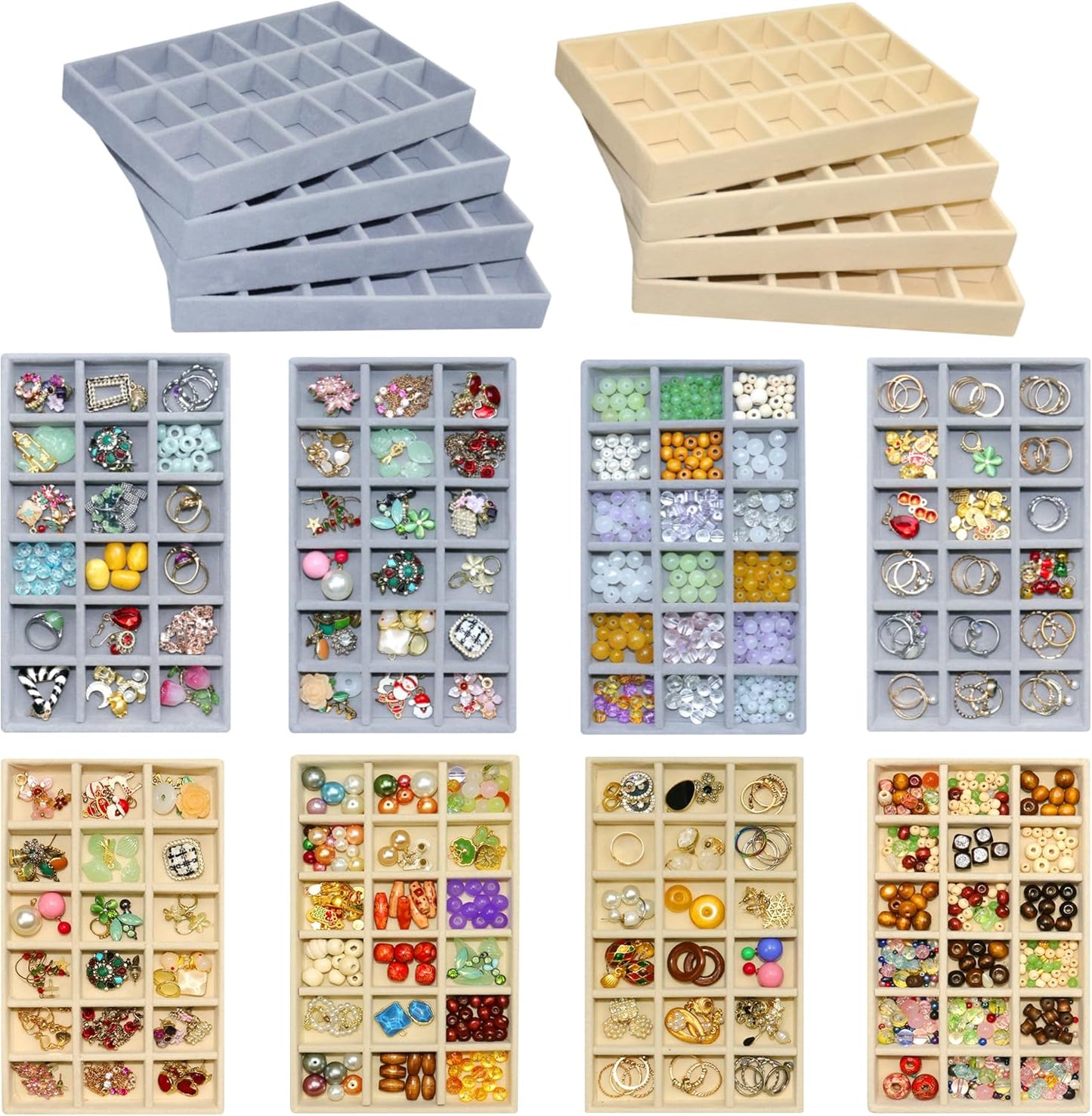 8 Pack Stackable Jewelry Organizer Tray Earring Holder Organizer Case Velvet Jewelrry Storage Drawer Insert Earring Stacking Trays for Dresser 144 Grids (4 Pack Beige,4 Pack Grey)