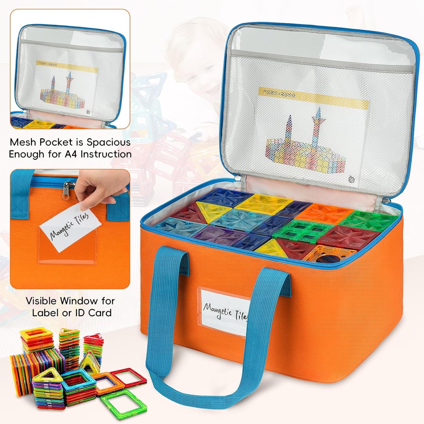 4 Packs Magnetic Tiles Storage Bags,Magnetic Tiles Storage Bin,Toy Organizer Case with Mesh Pocket and Tag Pocket for Magnet Building Tiles,Board Game,Puzzle and Lego Bricks