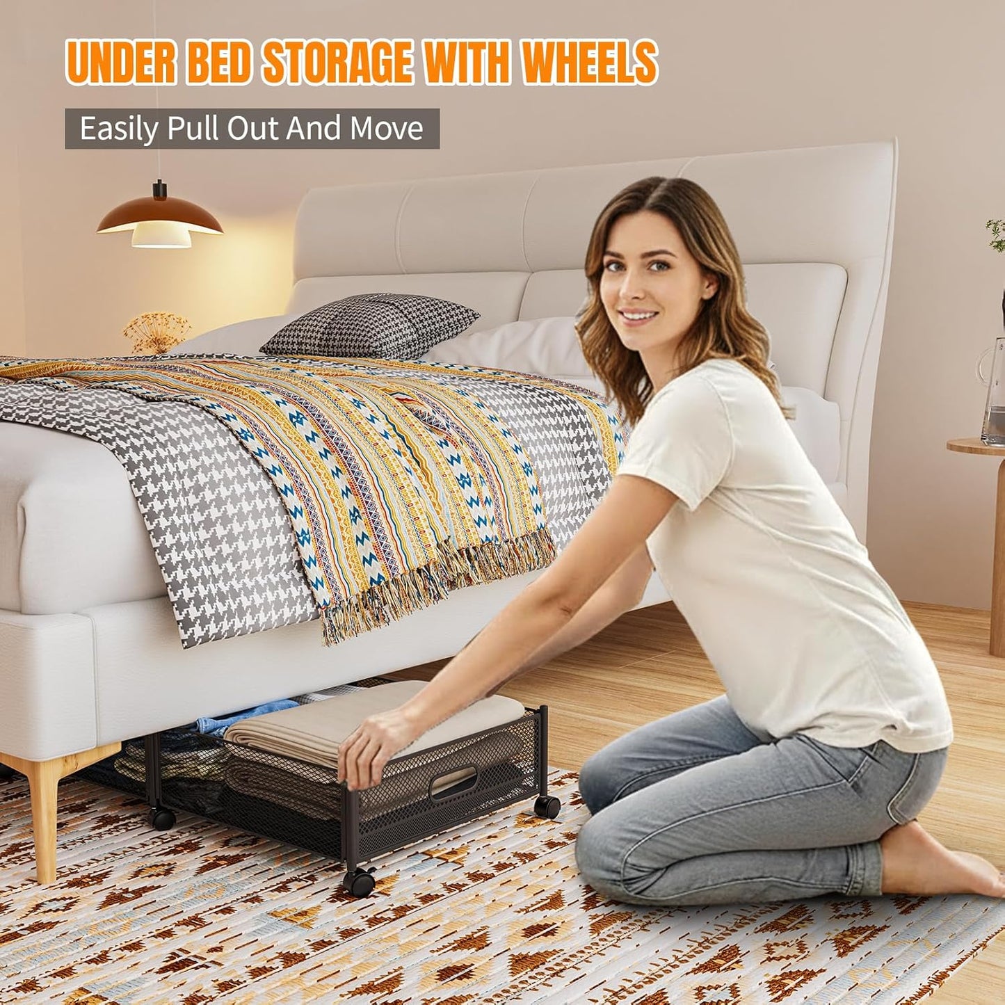 Under Bed Storage With Wheels, 47.2''/90lbs/57.6L, Metal Frame Under Bed Rolling Storage, Tool-Free Assembly Underbed Drawers, Underbed Organizer Containers for Shoes, Clothes and Toys