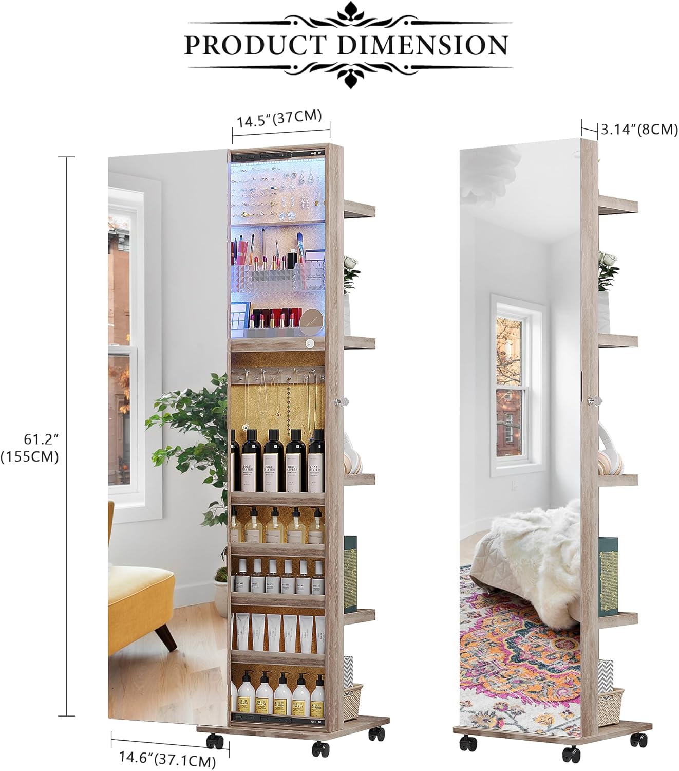 HNEBC 360° Rotating LED Jewelry Armoire, Full Length Mirror with Jewelry Storage Rear Storage Shelves, Floor Standing 3 Color Dimmable Mirror Jewelry Organizer with 4 Lockable Wheels (Brown)