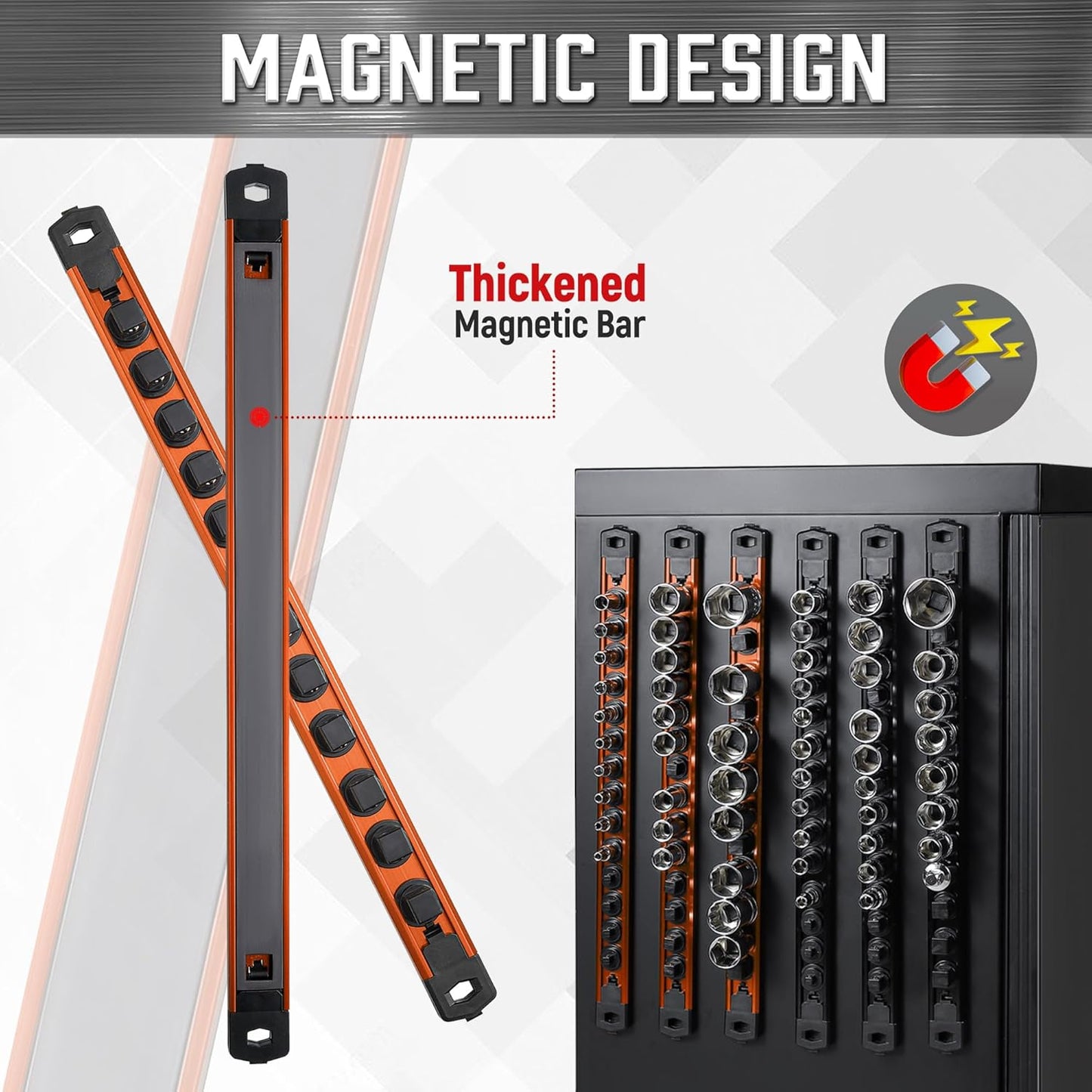 ALOANES 1/2-Inch Drive Magnetic Socket Organizer, Heavy Duty Aluminum Socket Rail Organizer, 360° Swivel Clips Socket Holder Kit for Tool Box, 1/2-Inch Socket Holder x 12 Clips (Orange)