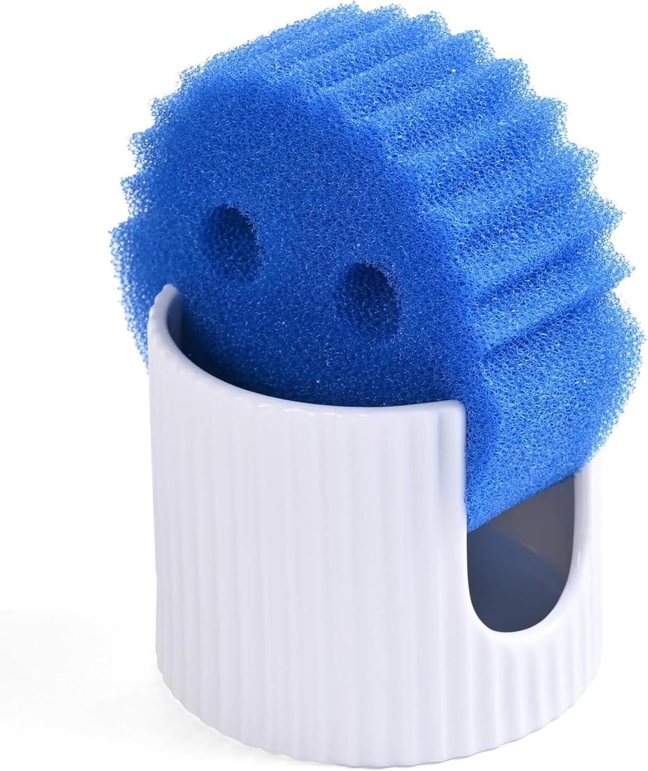 Ceramic Sponge Holder for Kitchen Sink - Dishwasher Safe Porcelain Dish Sponge Caddy Minimalist Vertical Stripes, Scrub Daddy Drying Rack for Countertop, Bathroom, Kitchen Sink Organizer, White