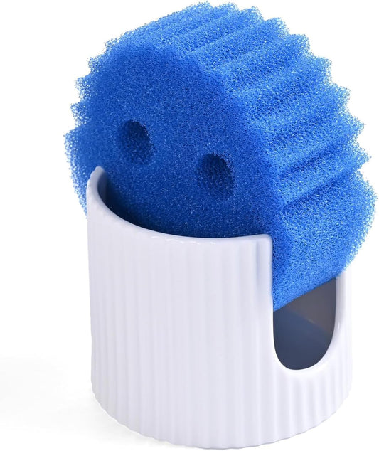 Ceramic Sponge Holder for Kitchen Sink - Dishwasher Safe Porcelain Dish Sponge Caddy Minimalist Vertical Stripes, Scrub Daddy Drying Rack for Countertop, Bathroom, Kitchen Sink Organizer, White