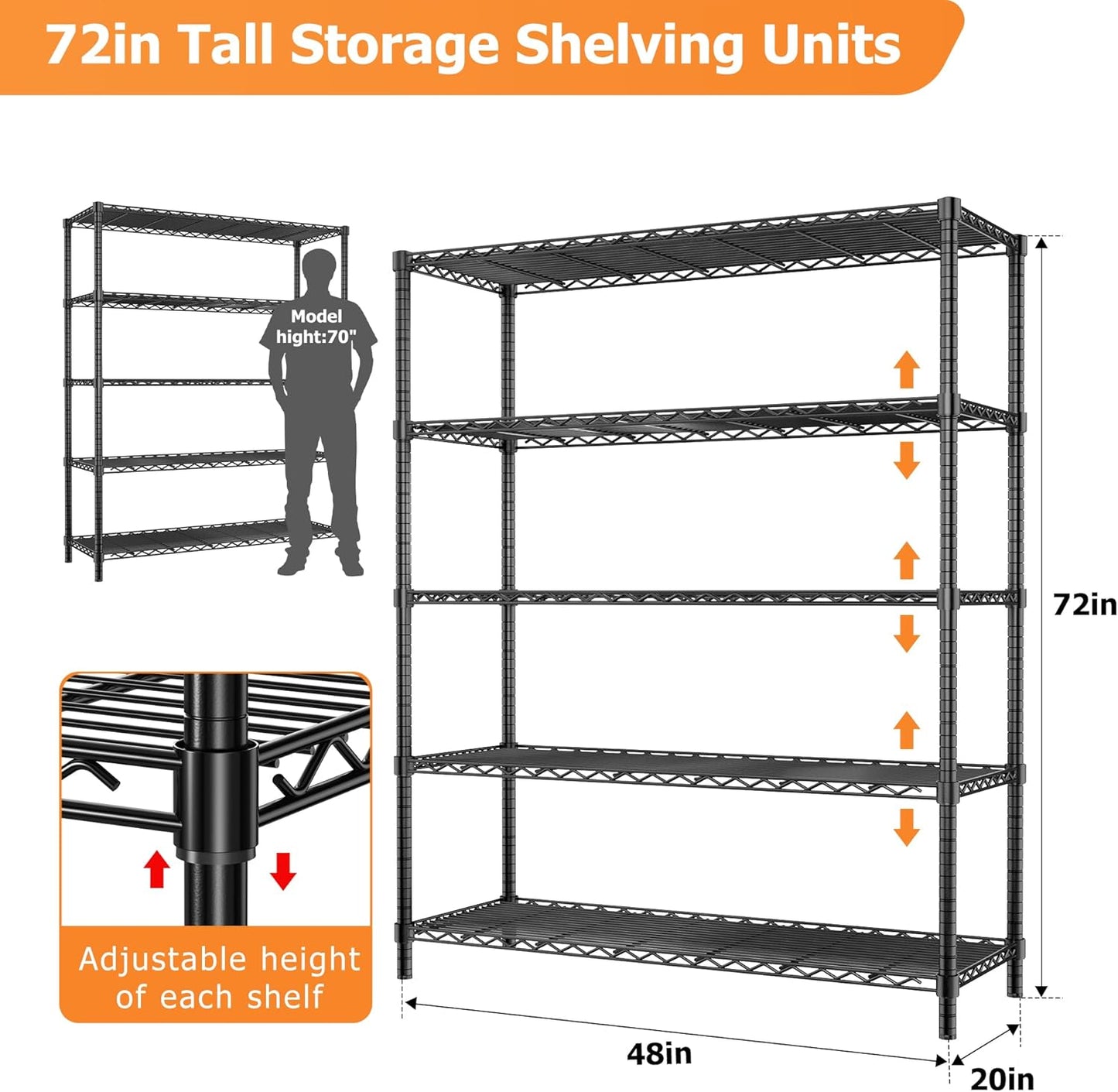 Storage Shelves Heavy Duty, 48" L x 20" W x 72" H Garage Shelving Unit Loads 2000LBS, 5-Tier Adjustable Metal Utility Shelf, Wire Shelf for Kitchen, Laundry Room, Pantry, Warehouse, Basement